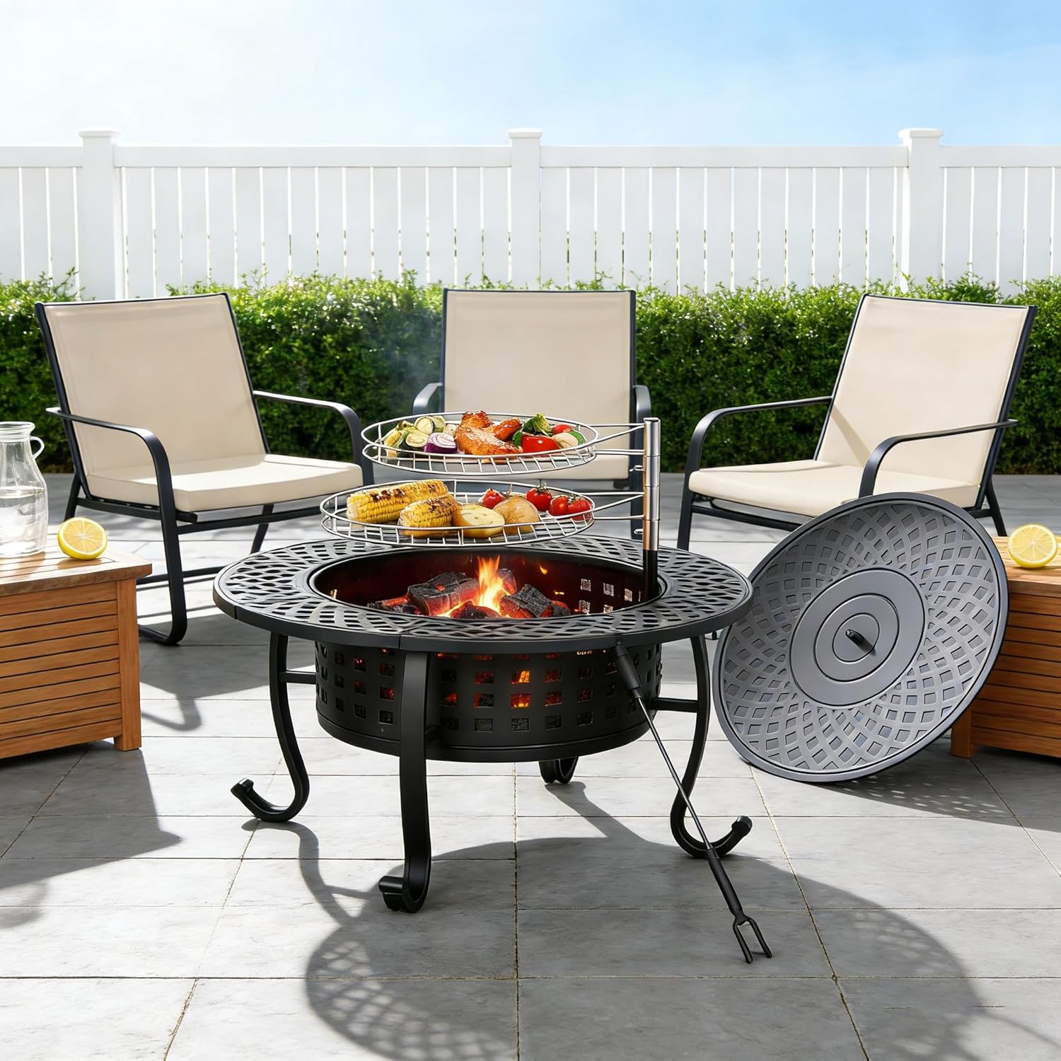 Dkelincs 36 Inch 3-in-1 Fire Pit Table, Wood Burning Outdoor Fire Pit with Rotating Grill & Lid for BBQ, Bonfire, Patio (Black)