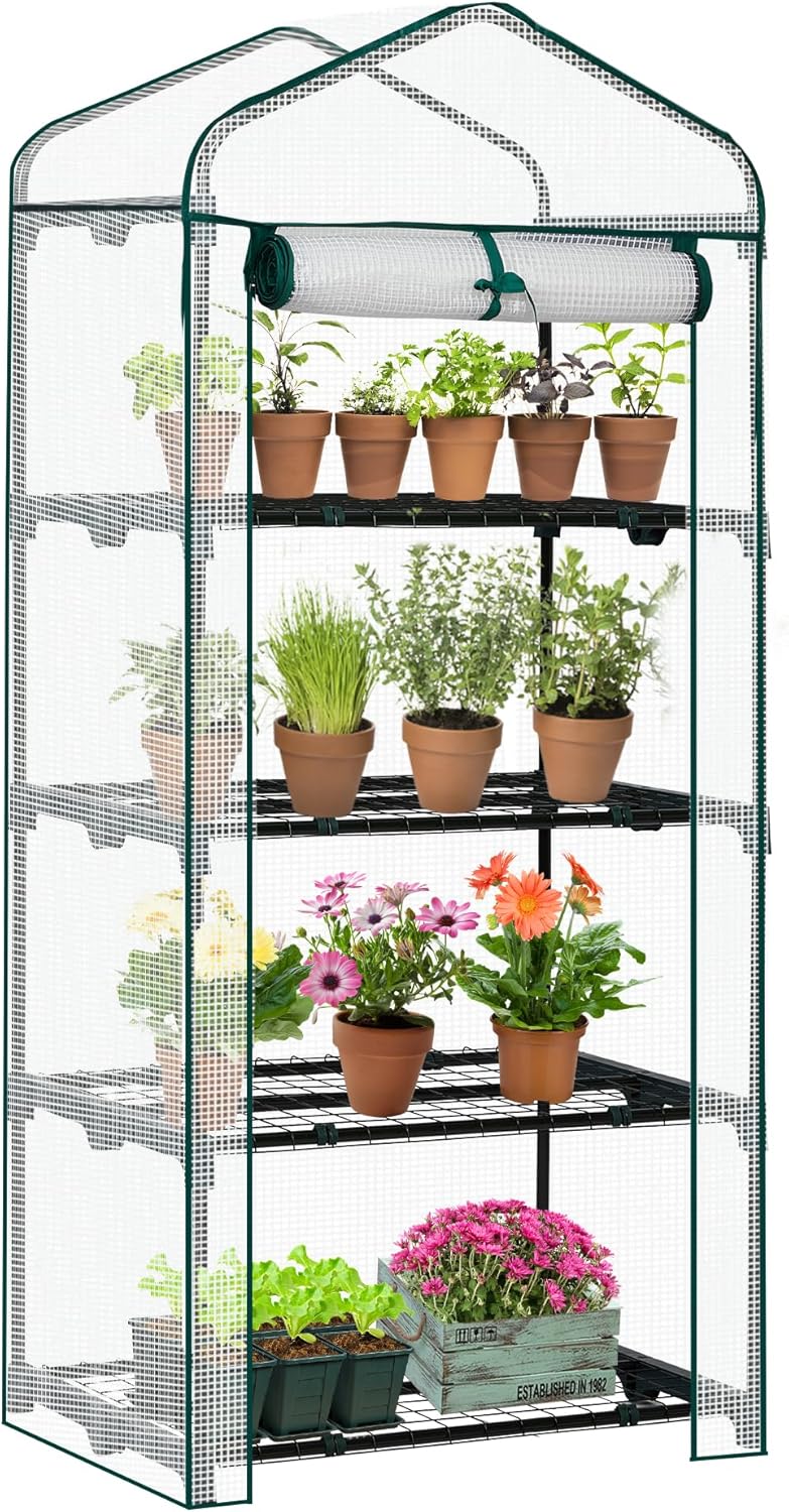 4 Tier Mini Greenhouse with PE Cover & Roll-Up Zipper Door, Portable Waterproof Greenhouse for Garden Backyard, 27