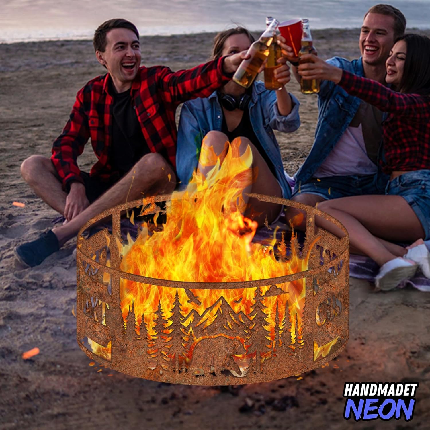 Personalized Rusty Forest Bear Fire Pit Ring 360 Degree, Custom Outdoor Rusted Campfire Round Firepit, Pits Gifts for Wood Burning, Fireplace, Camping Essentials, Raised Garden Bed