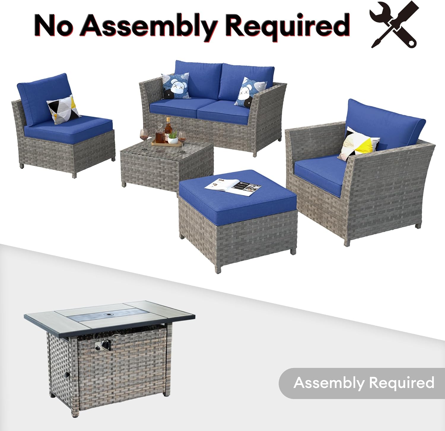 Outdoor Patio Furniture Set, 10 Pieces PE Wicker Patio Conversation Set with Rectangular Propane Fire Pit Table for Gathering (Navy Blue)