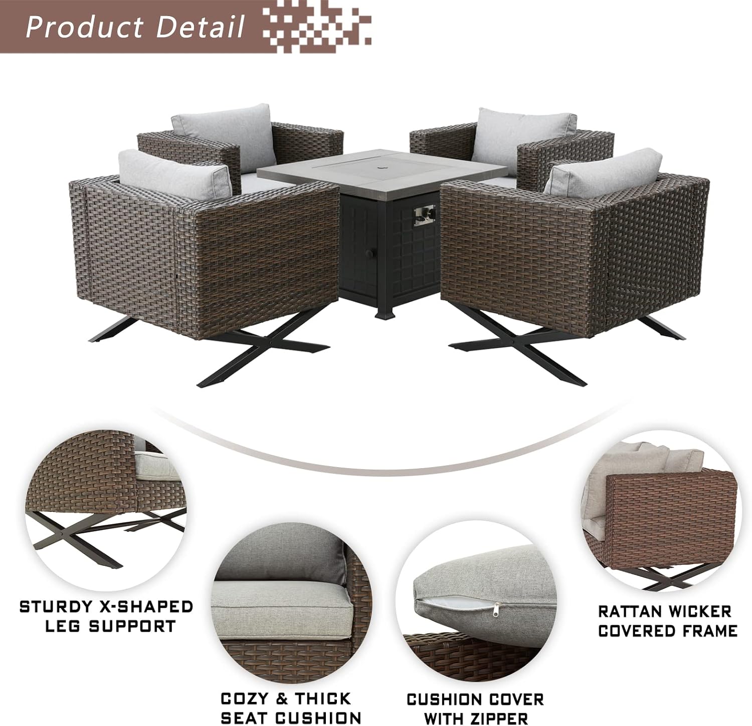 Sports Festival Fire Pit Table Set of Propane Fire Table and 4 Wicker Chairs with Thick Cushions for Patio Rattan Outdoor Furniture, CSA Certification