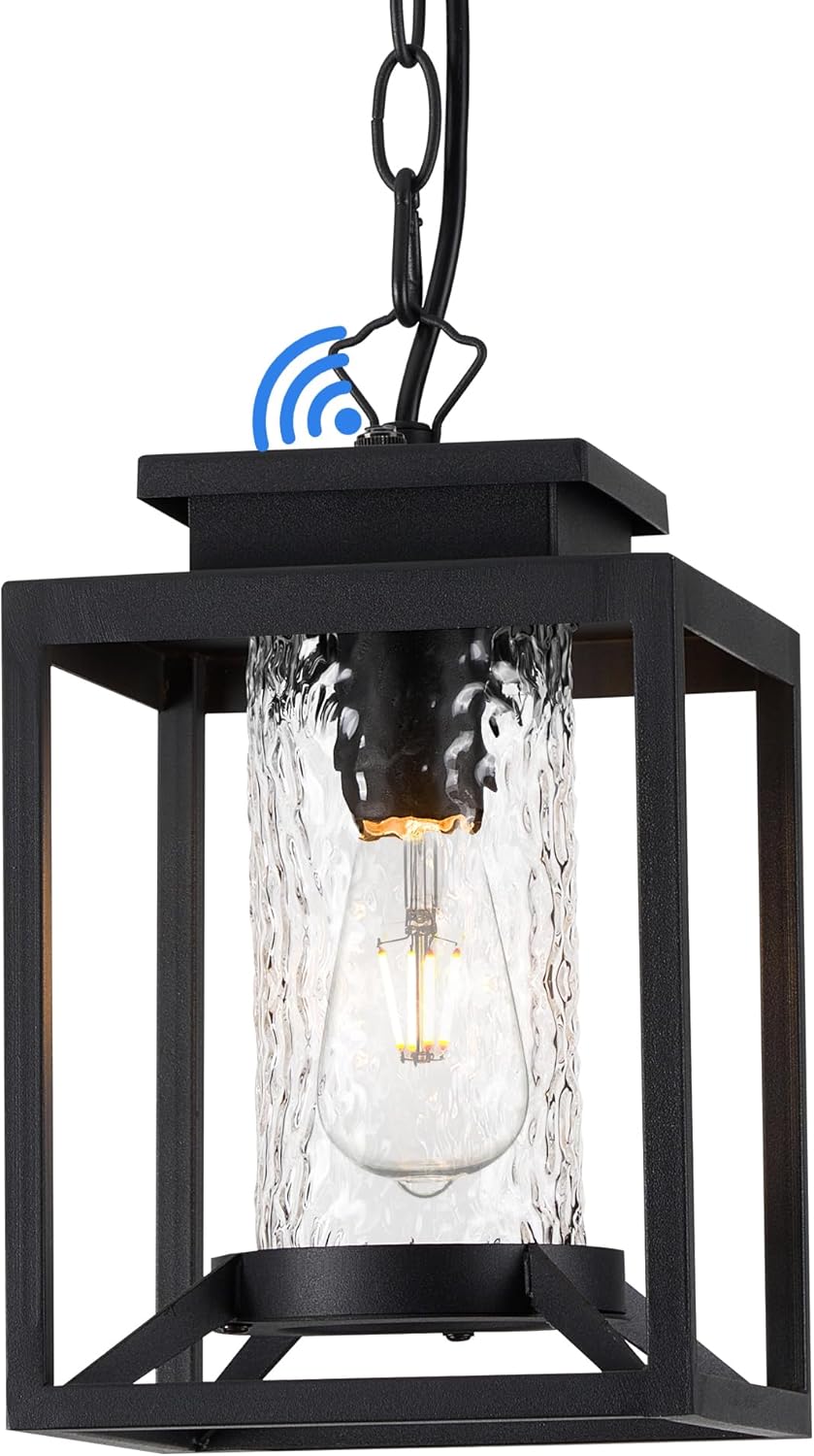 Outdoor Pendant Lights, Dusk to Dawn Modern Outdoor Porch Chandelier Lantern with Sensor, Black Exterior Hanging Porch Light with Hammered Glass, Adjustable Long Chain, OS-KY1001