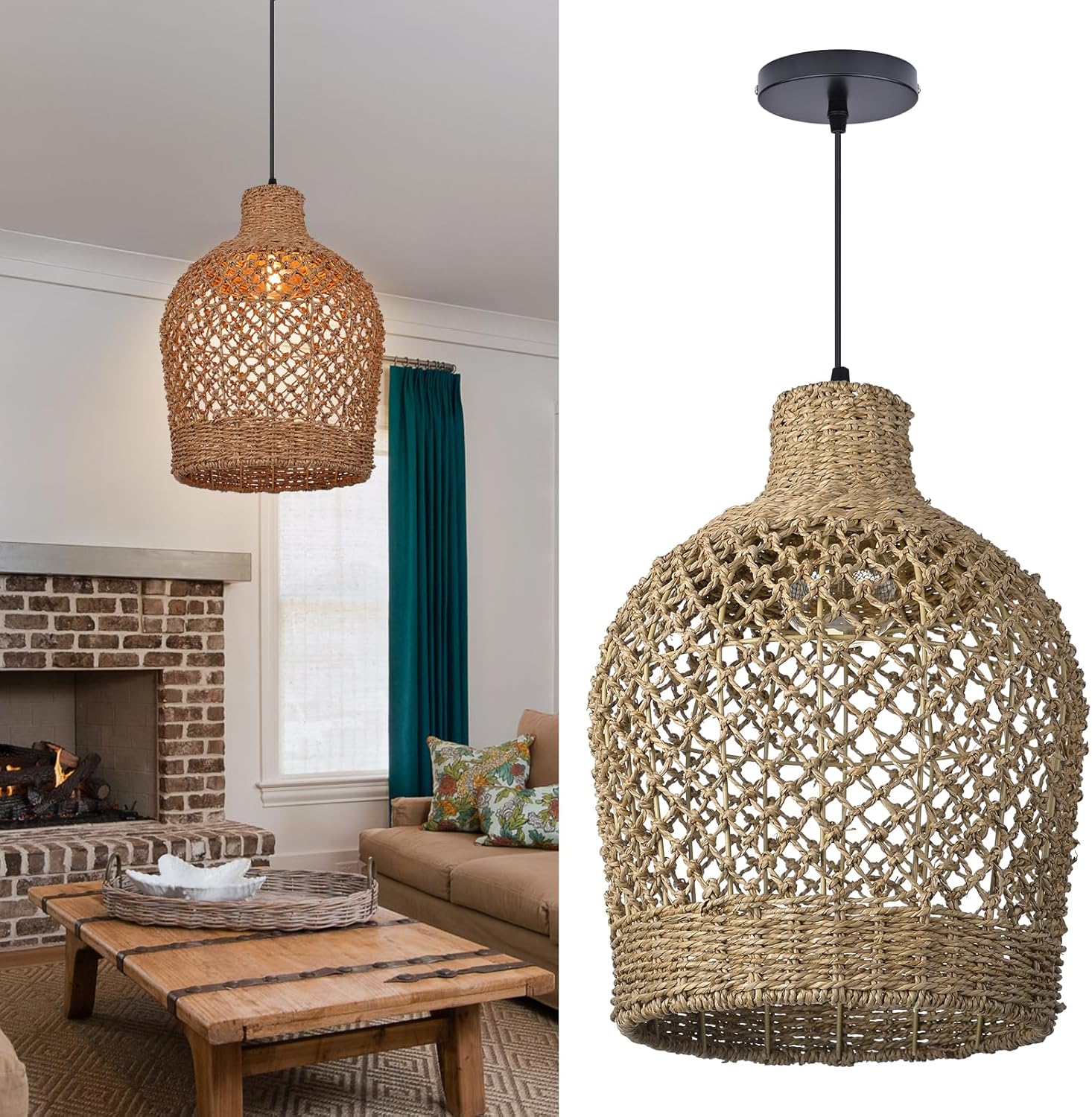 Arturesthome Rattan Pendant Light Woven Chandelier Handwoven Boho Coastal Pendant Lighting Rattan Basket Ceiling Hanging Light for Dining Room Living Room D 11.8″* 15.7″