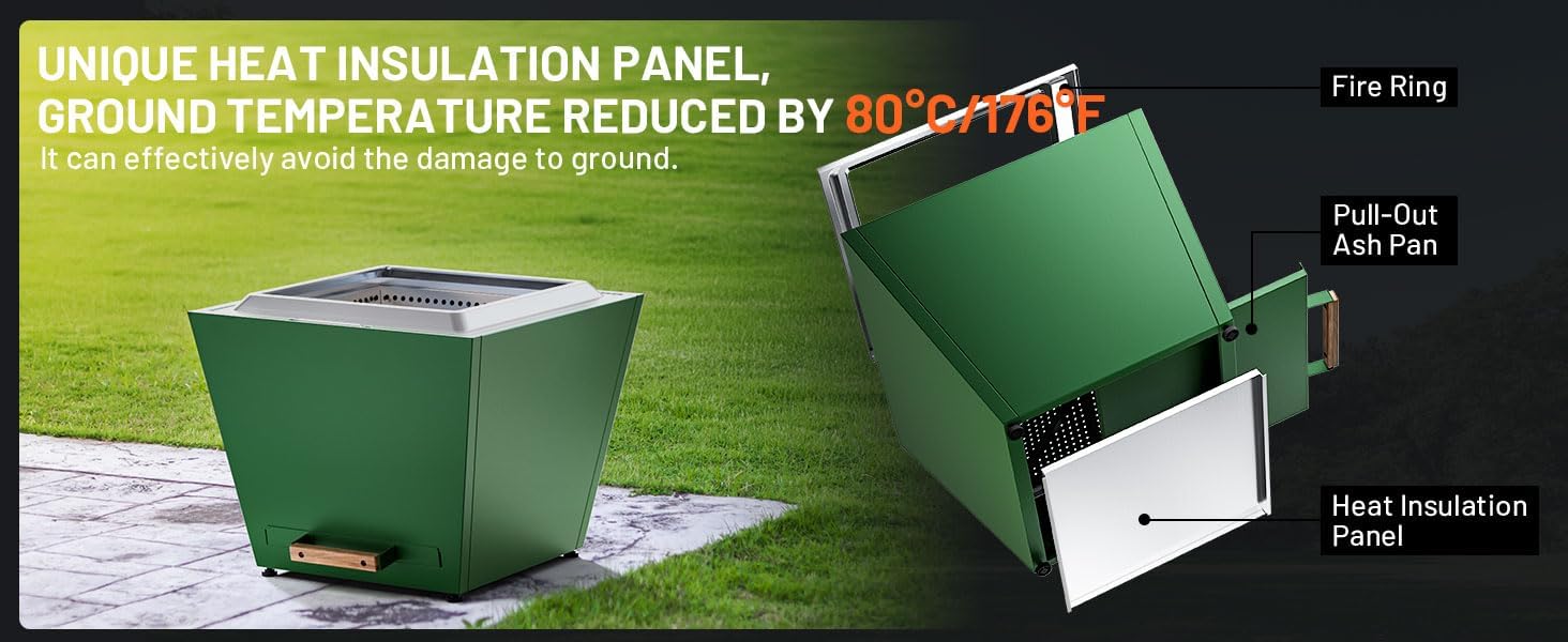 Cyberpit One Pro 25 Inches Smokeless Fire Pit – Portable Outdoor Fire Pit W/Pull-Out Ash Pan, Carry Handle for Backyard, Patio & Camping – Stainless Steel, Green (1 Doors)