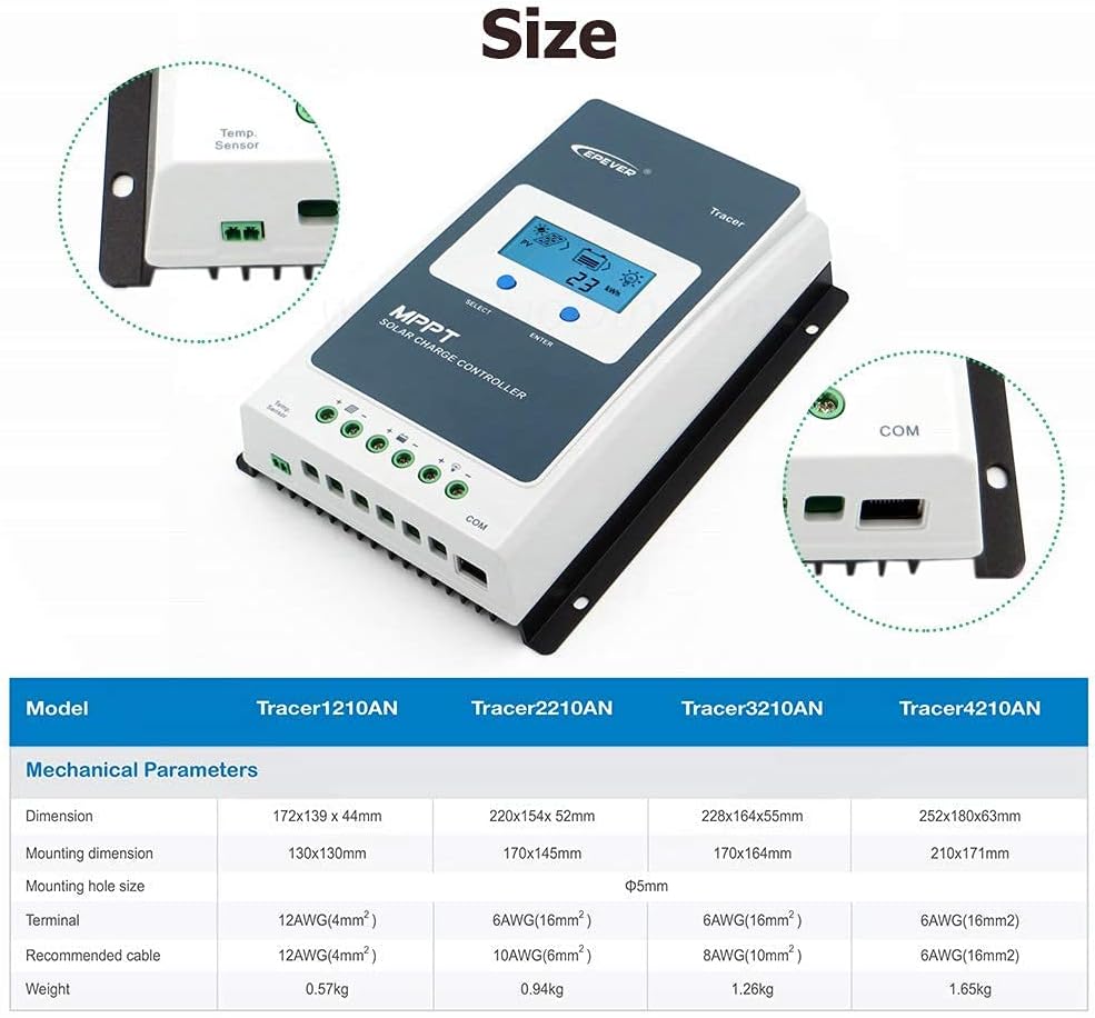 EPEVER 40A MPPT Solar Charge Controller 12/24V DC Tracer-an Series Charge Controller with MT52 Remote Meter &Temperature Sensor &RS485 Cable fit for Lithium, Sealed, AGM Battery Negative Grounded
