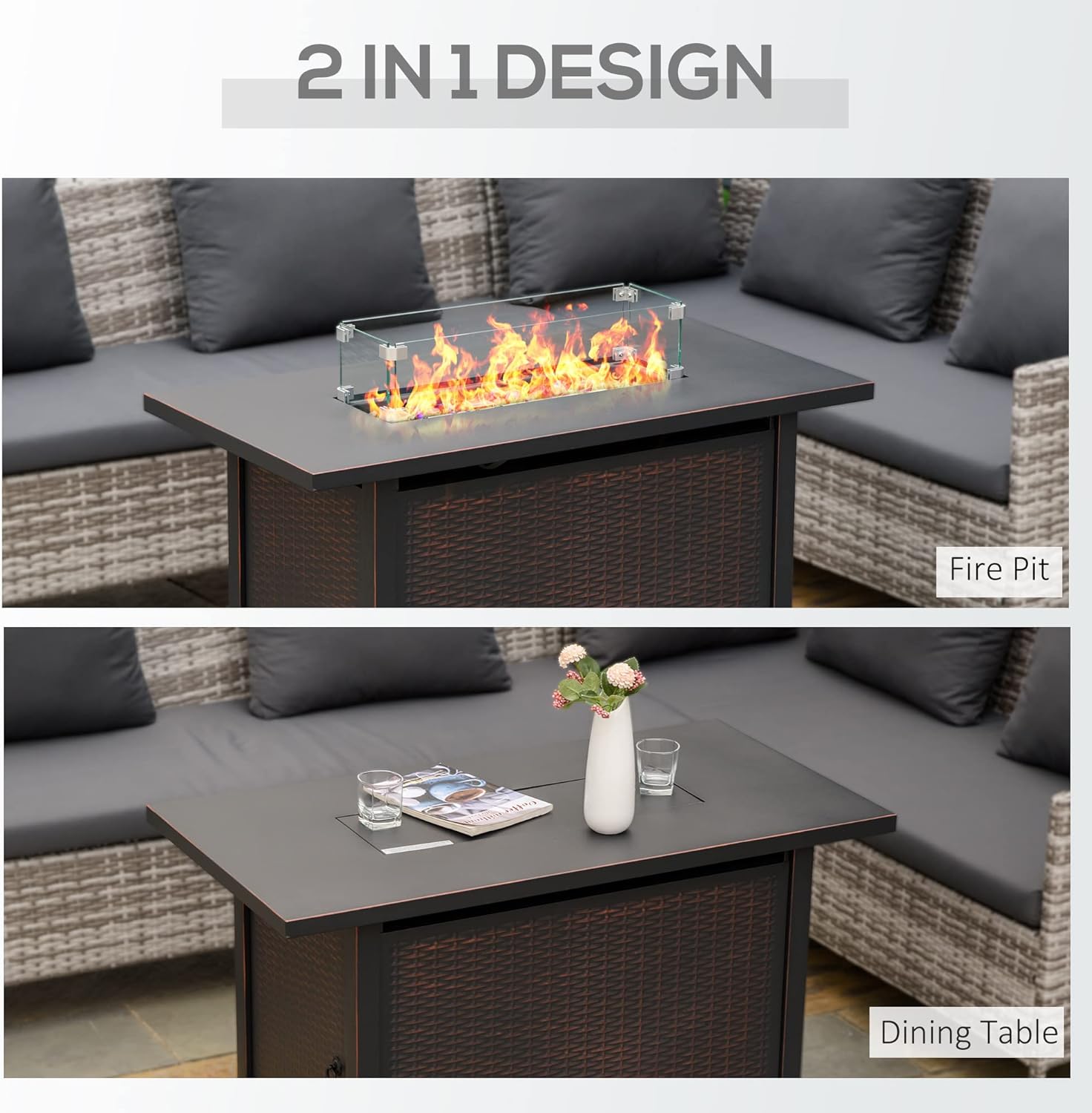 Outsunny 43 Inch Outdoor Propane Gas Fire Pit Table, 50,000 BTU Auto-Ignition Rectangular Wicker-Effect Gas Firepit with Glass Wind Guard, Lid, Glass Beads, Steel Base, CSA Certification, Bronze