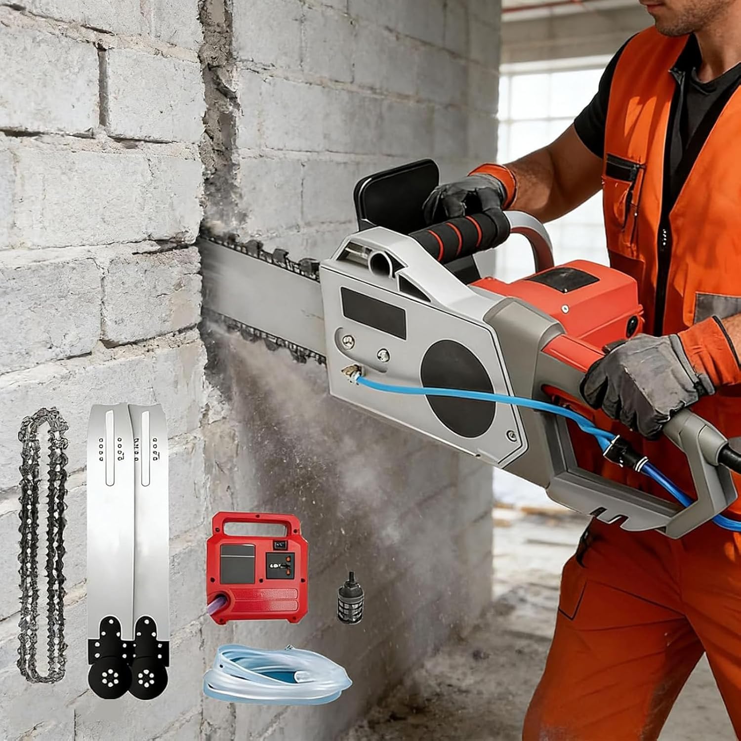 Electric Concrete Chainsaw, 5800/6500W High-Power Brushless Wall Chaser Cutter Machine, Wet Cutting Machine with Water Fed Dust Suppression, 2 Blades 48cm/18.9in