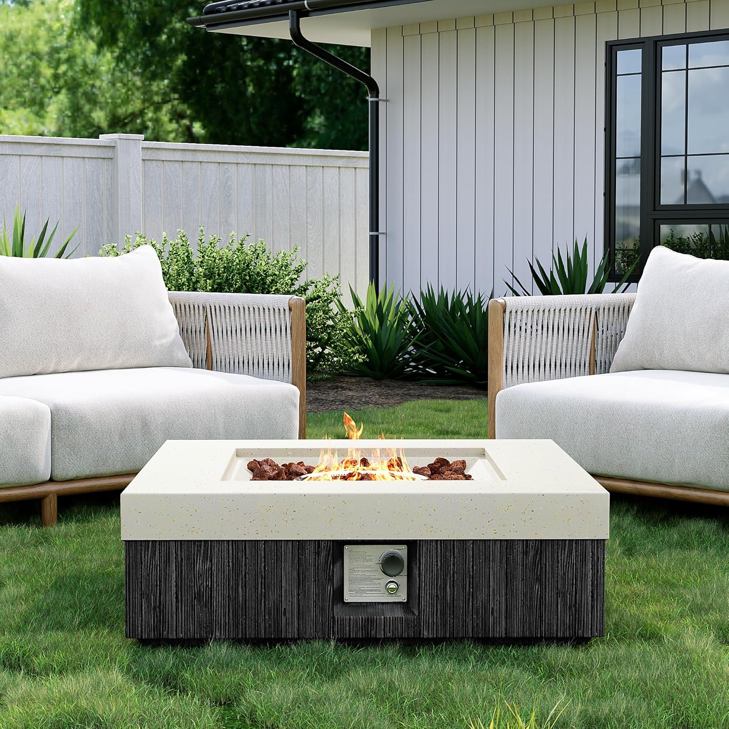 35inch Square Outdoor Propane Fire Pit Table-Black & White Finish,50000 BTU Auto-Ignition,CSA Certified,with Lava Rocks & Waterproof Cover for Patio,Garden,Deck