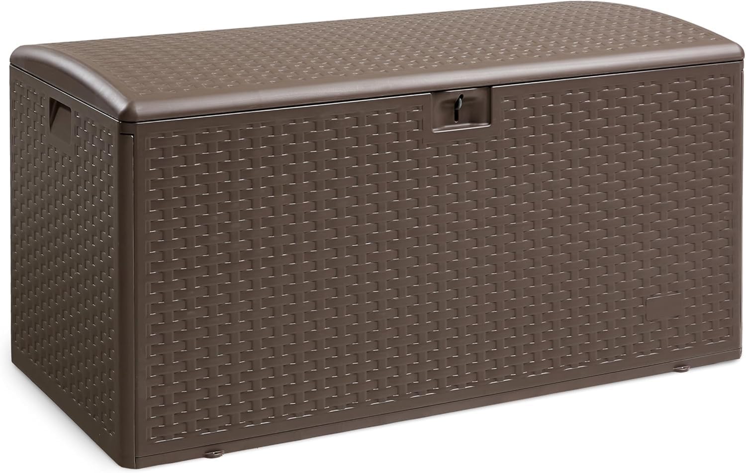 Outdoor Storage Deck Box, Brown Wicker Pattern, 99 Gallon Capacity, Weather Resistant Resin, Lockable Lid, Double Wall Construction, 48x24x24.8 Inches
