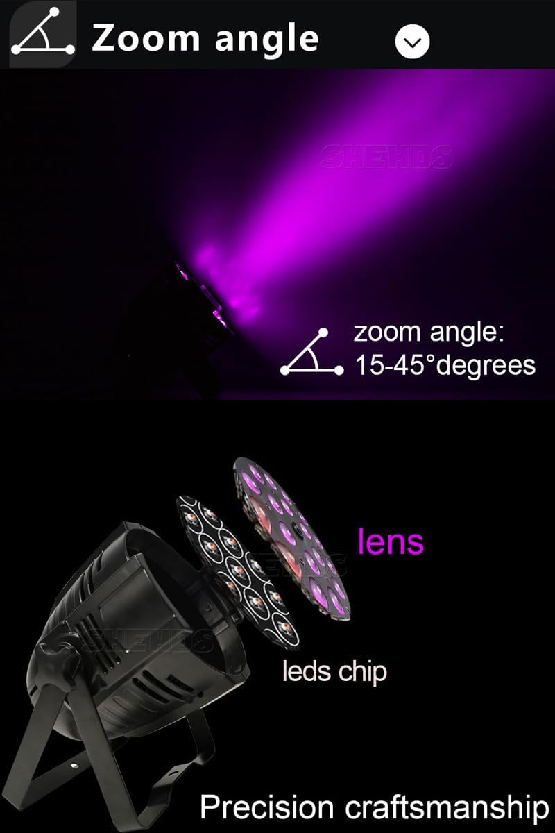 SHEHDS LED Par Lights 18x18W Zoom(14-45 Degree)/Wash/Strobe Effect Stage Light RGBWAP 6IN1 Uplights DMX512 Sound Activated RDM Function DJ Lights for Christmas Disco Club Party Dance Wedding Bar