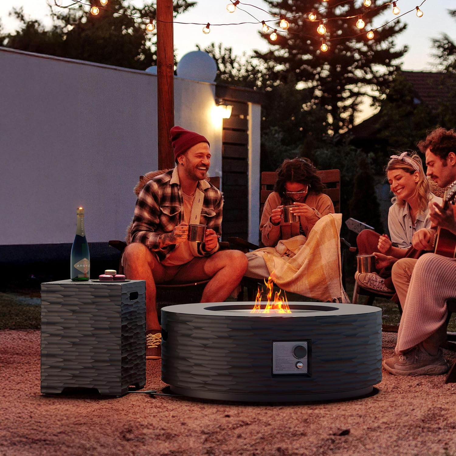 Cosiest Propane Fire Pit with Tank Cover for Outside, 35 in Round Gas Fire Pits for Outdoor Patio, Certified, 50000 BTU Concrete Rectangle Base with Rain Cover, Free Lava Rocks