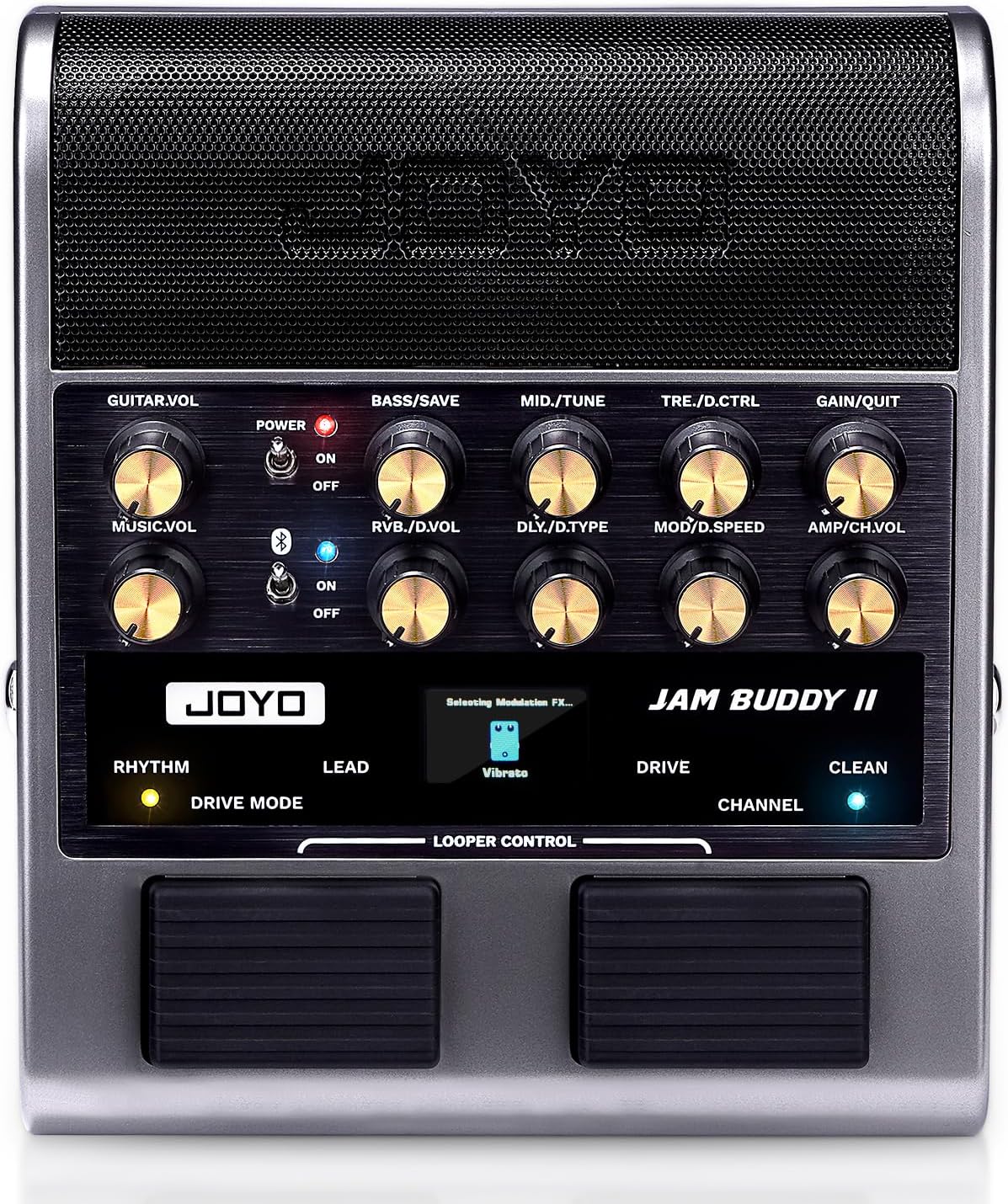JOYO 10W Electric Guitar Combo Amp Multi-Effects Pedal Portable Amplifier with Footswitch,14 Amp Models,3-Band EQ,36 Drum Patterns & Looper,OTG Recording,Bluetooth for Practice(JAM Buddy II, Gray)