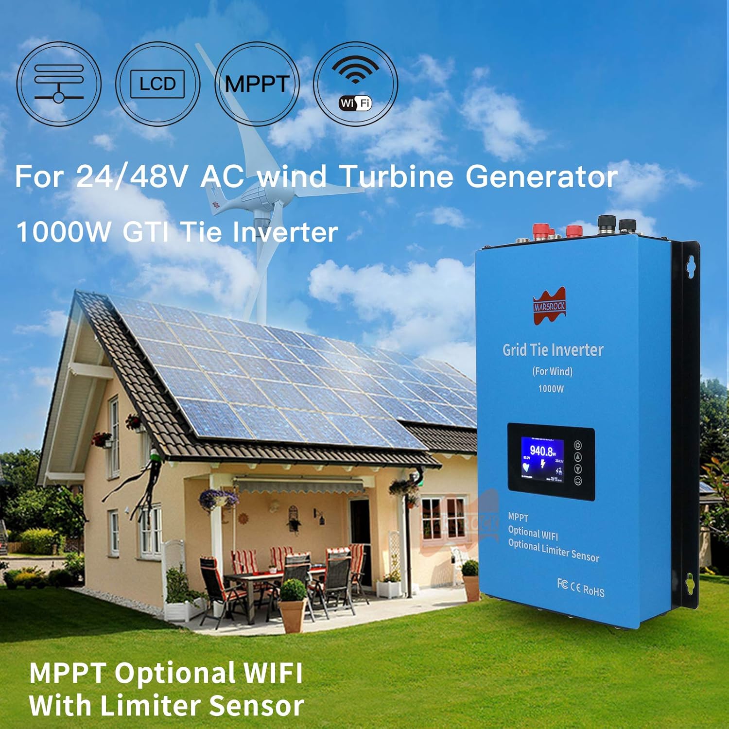 1000W Wind Grid Tie Inverter with Limiter, Pure Sine Wave Inverter Converts 22-60V DC to 110V/240V AC (Auto-Match),Perfectly Compatible with Home Wind Power Systems