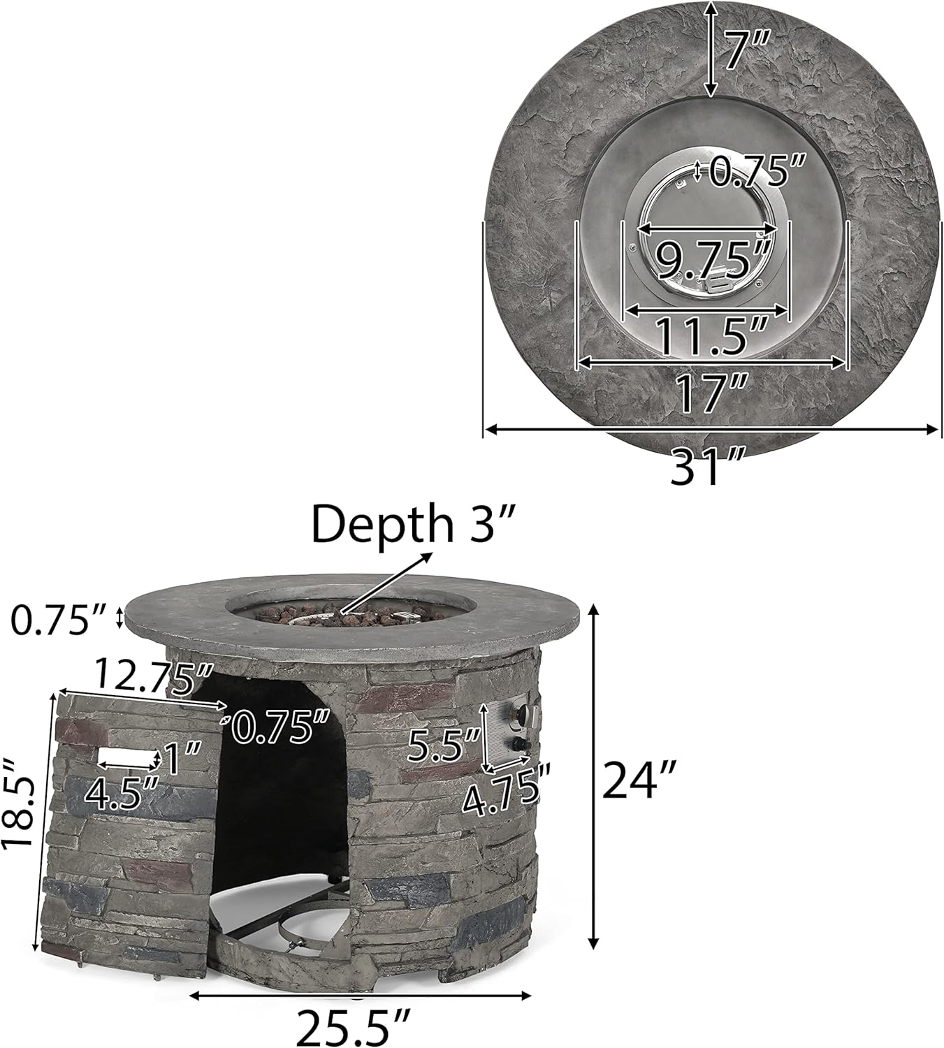 Christopher Knight Home Hoonah Circular MGO Fire Pit with Grey Top - 40,000 BTU, 32