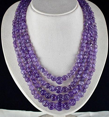 4 Line Natural AMETHYST Carved MELON Beads NECKLACE 20 INCHES 14 MM TO 5 MM