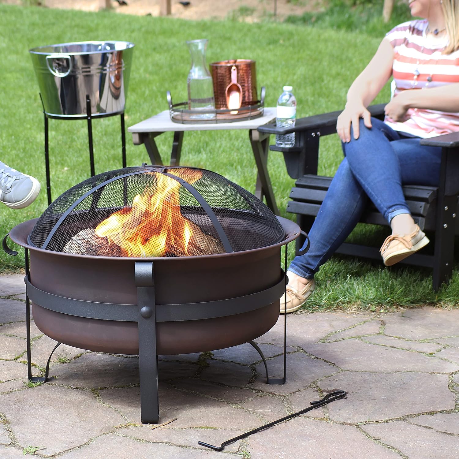 Sunnydaze 29-Inch Wood-Burning Outdoor Fire Pit - Bronze Cauldron Wood Fire Pit for Outside - Includes Poker and Spark Screen