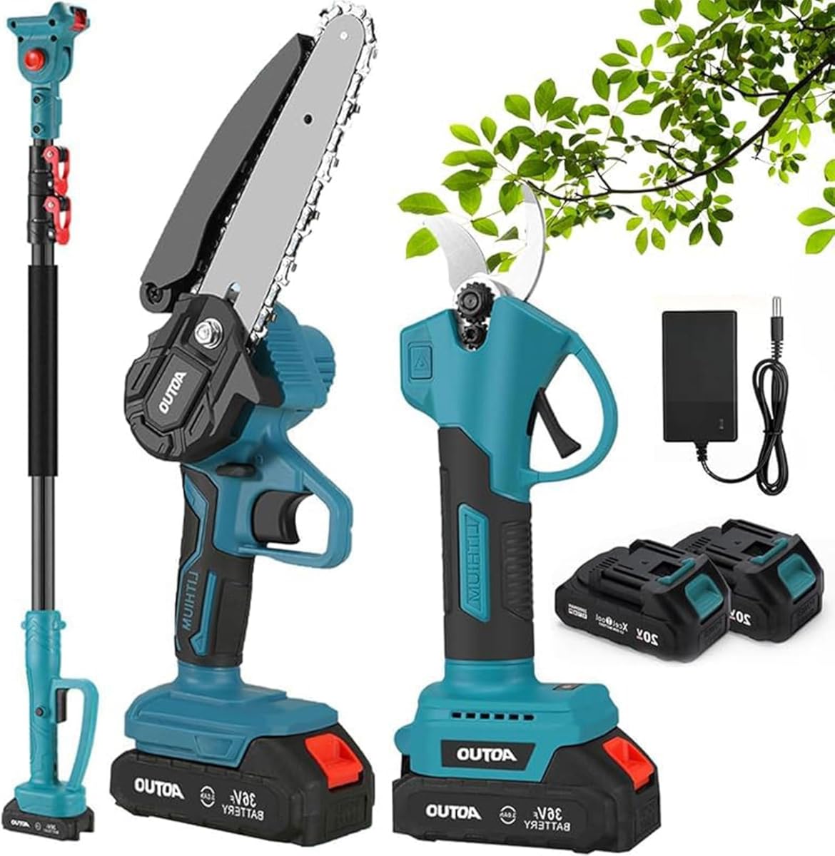 3-in-1 Pole Saw & Pruning Shears Combo Kit,6 Inch Mini Chainsaw,Battery Powered Chain Saw with 2M Extension Pole, Tree Trimmer Limb Branch Cutter Pruner,for Tree Trimming