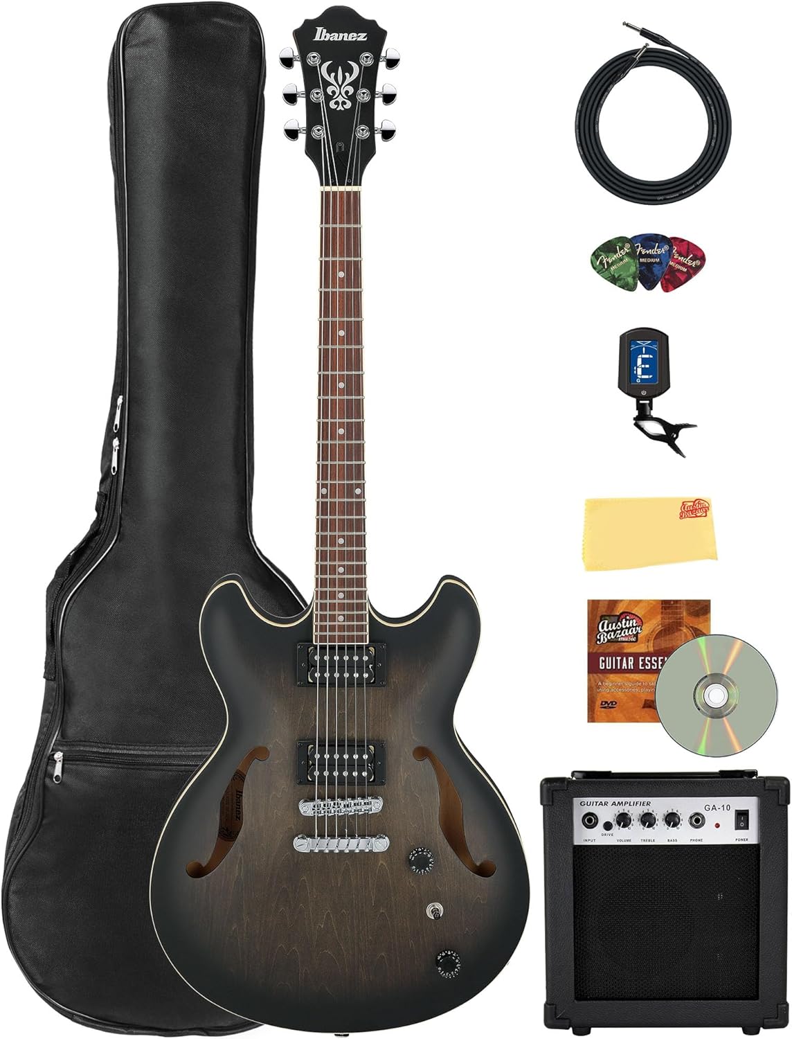 Ibanez AS53 AS Artcore Hollow Body Electric Guitar - Transparent Black Flat Bundle with Amplifier, Gig Bag, Tuner, Cable, Picks, Austin Bazaar Instructional DVD, and Polishing Cloth