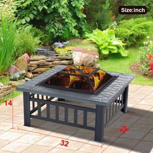 32 inch Outdoor Square Metal Firepit for Home BBQ, Wood Burning Fire Pit with Poker for Backyard Patio Garden Stove Camping Picnic Bonfire with Spark Screen Cover, 32