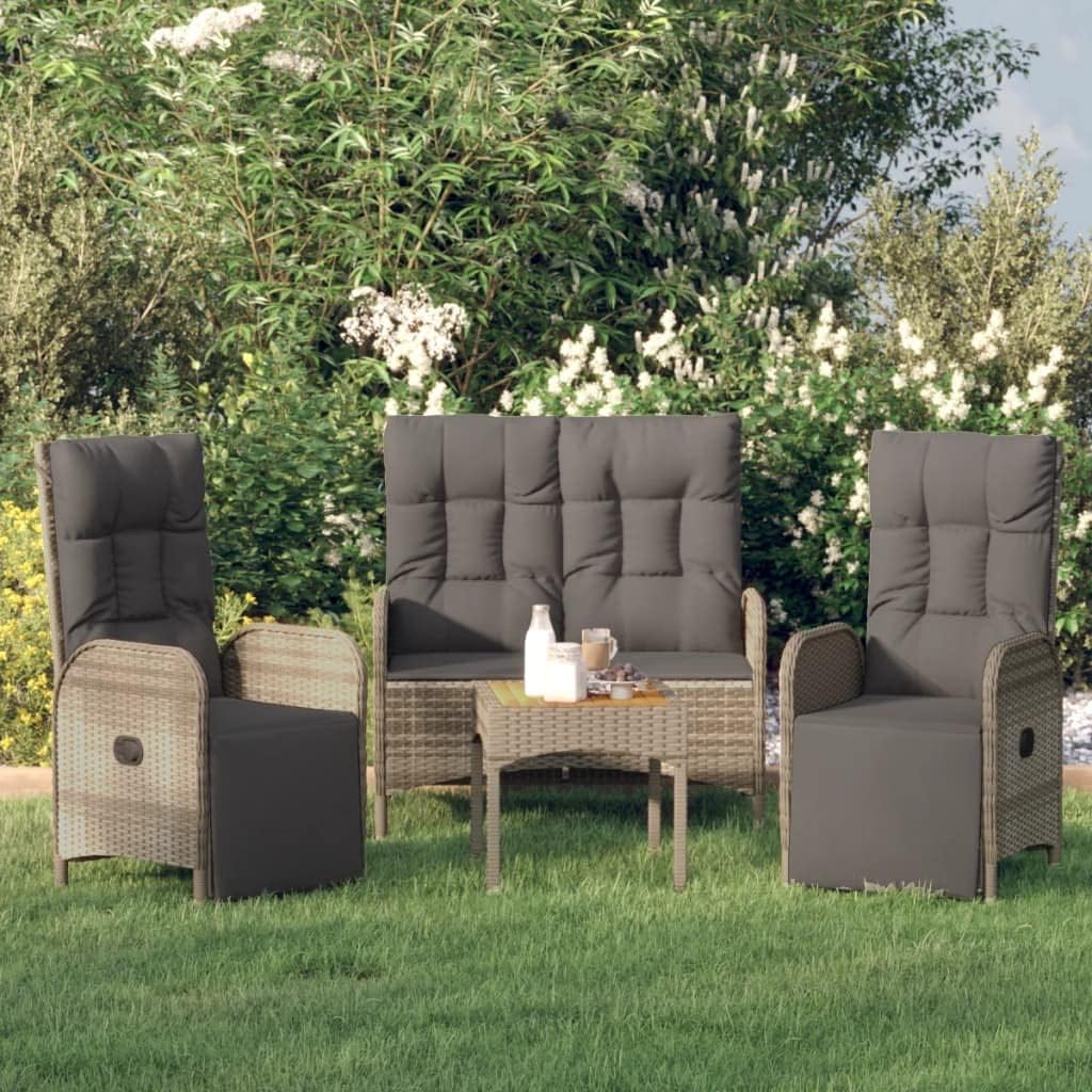 3 Piece Patio Dining Set with Cushions Gray Poly Rattan Garden Furniture