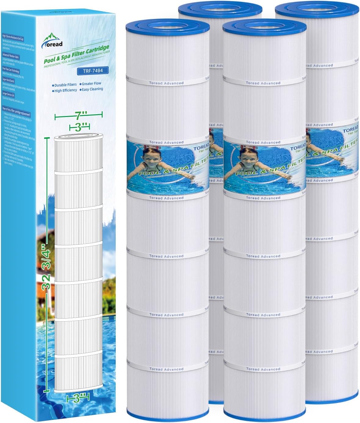 TOREAD PA131 Pool Filter Replaces PA131-PAK4, Ultral-A2, Hayward CX1280XRE, SwimClear C5020, Unicel C-7494, Filbur FC-1227, FC-6435, C5025, C5030, 4 X 131 sq. ft. Filter Cartridge 4 Pack