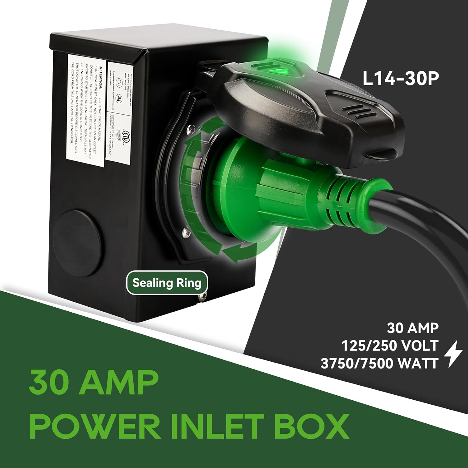 RVGUARD Emergency Power Combo Kit, 40 Foot 30 Amp Generator Cord and Power Inlet Box, NEMA L14-30P to L14-30R Generator Cord with NEMA L14-30P Pre-Drilled Generator Inlet Box, ETL Listed