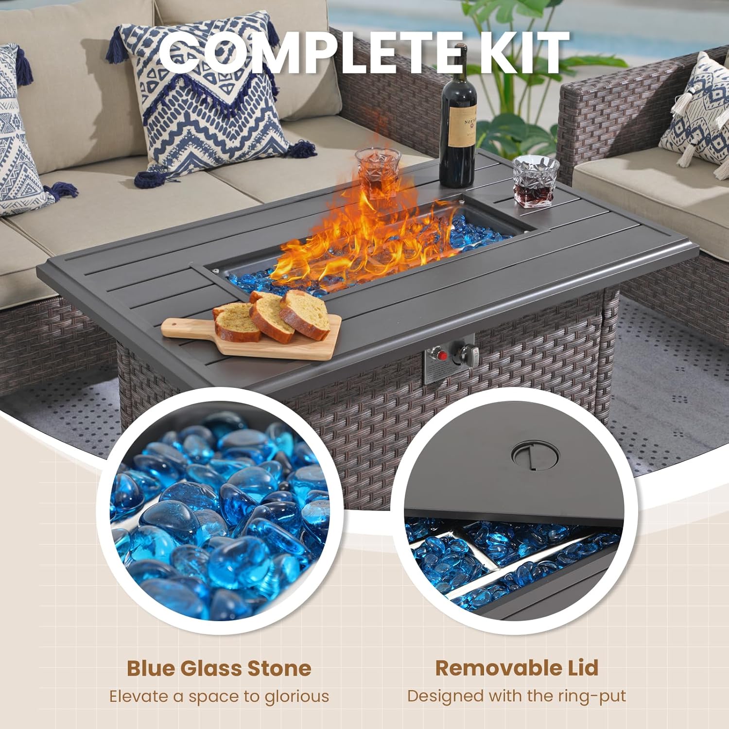 SUNSITT Outdoor Fire Pit Table 43 Inch Wicker Propane Fire Pit with Aluminum Tabletop 50,000 BTU Gas Firepit with Fire Glass, Lid, Cover, Brown Rattan