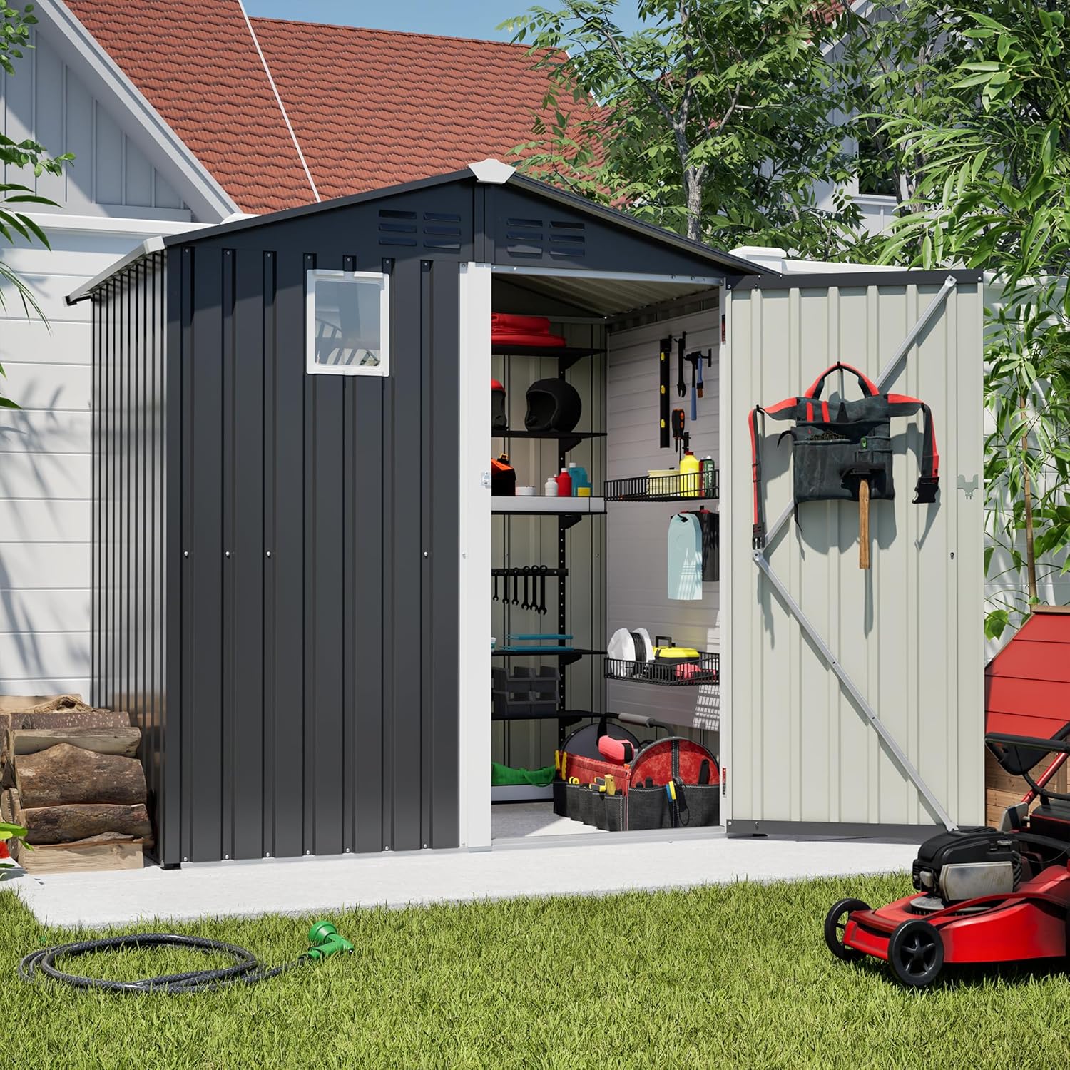 6FT x 4FT Metal Outdoor Storage Shed – Heavy-Duty Steel Utility Tool Shed Storage House with Lockable Door & Transparent Window, Waterproof & Rust-Resistant for Backyard Garden Patio Lawn