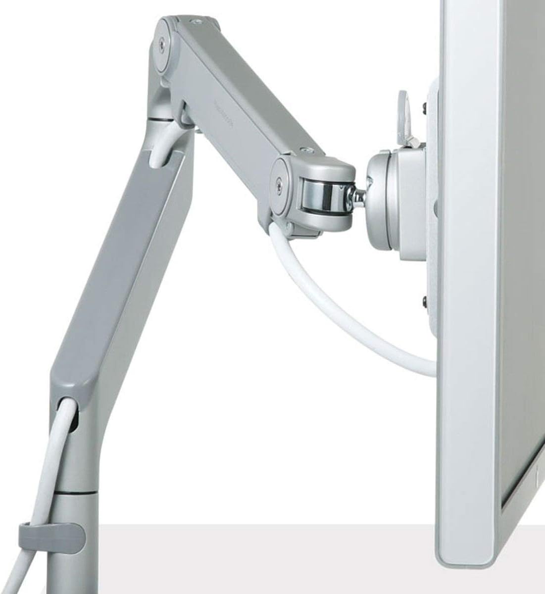 Humanscale M2 M2CW1S Adjustable Articulating Computer Monitor Arm - Two Piece Clamp On Mount with Base - Polished Aluminum with White Trim