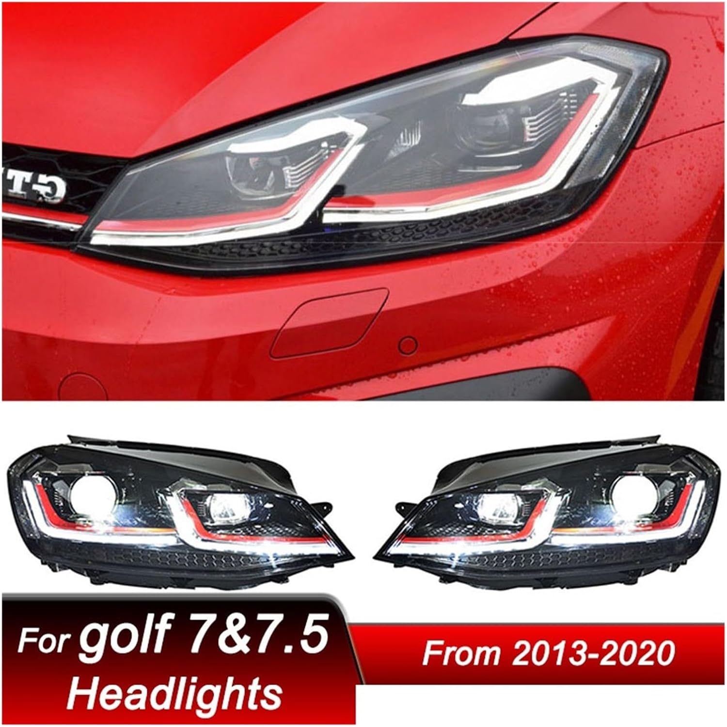Car Headlights Compatible For VW Golf 7 7.5 MK7 2013-2020 Low To LED Auto Headlamp Assembly Projector Lens Accessories Kit(Red,Golf 7.5,RHD)