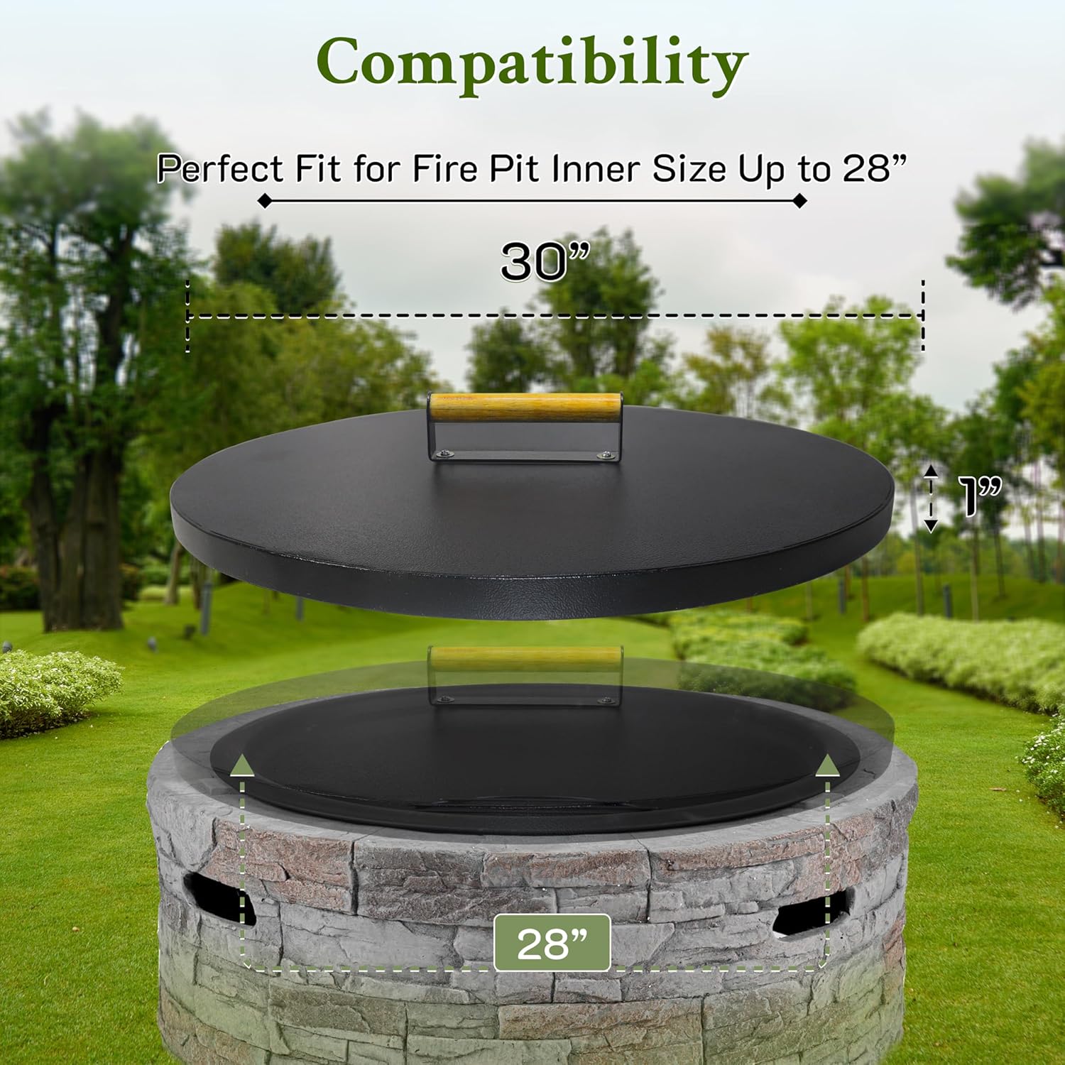 30” firepit lid Round for Inside up to 28” Gas fire Pit lid for Outdoor Fireplace Cover Lid - Steel fire Pit Metal Cover with Wooden Handle & Powder Coated Snuffer Lid for Round Patio Fire Pit Ring