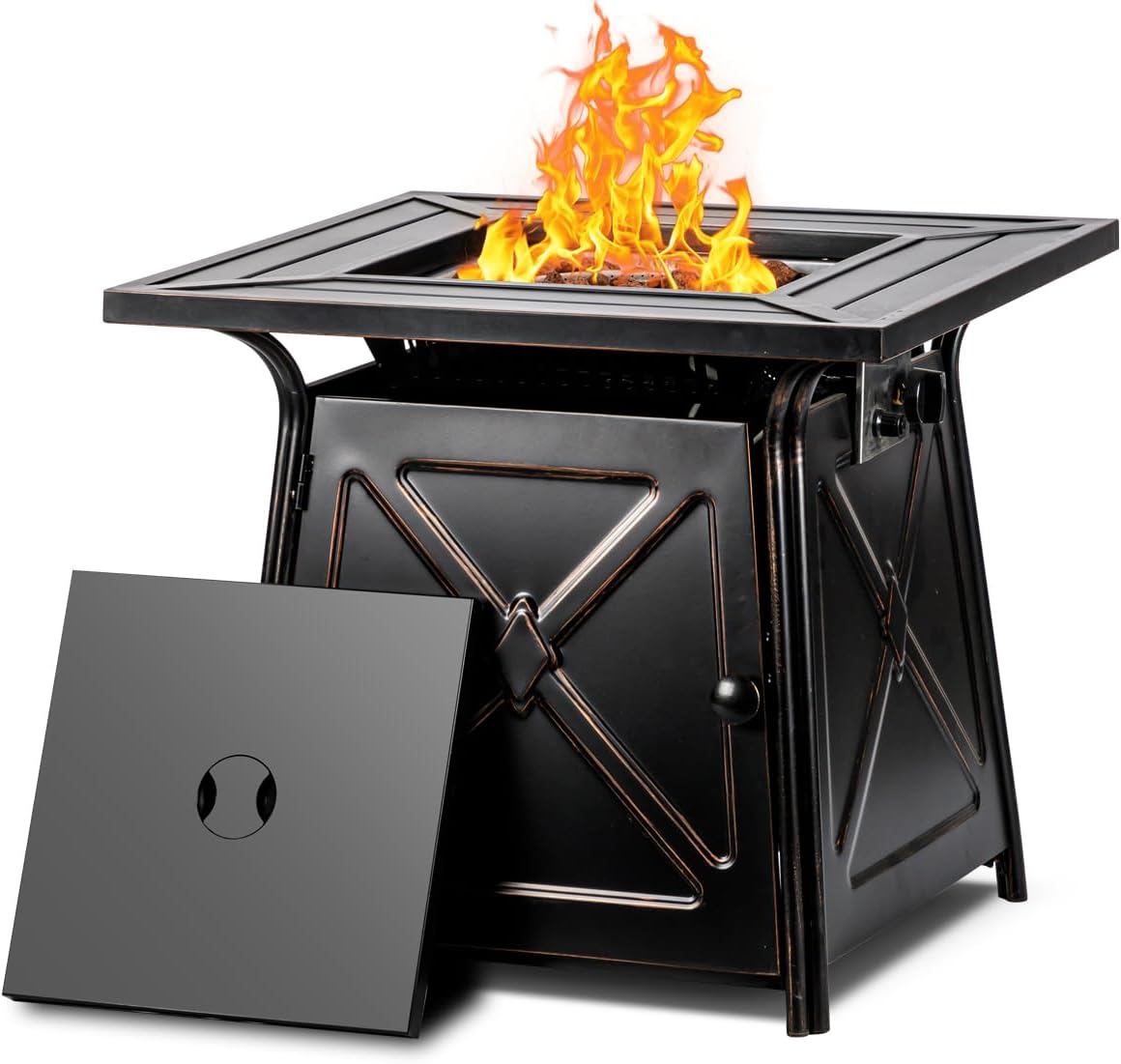 28 inch Propane Fire Pit Table,Gas Fire Pits Table for Outside,50000 BTU Propane Firepit with Lid &Lava Rocks,Gas Firepit for Garden,Yard (Black)