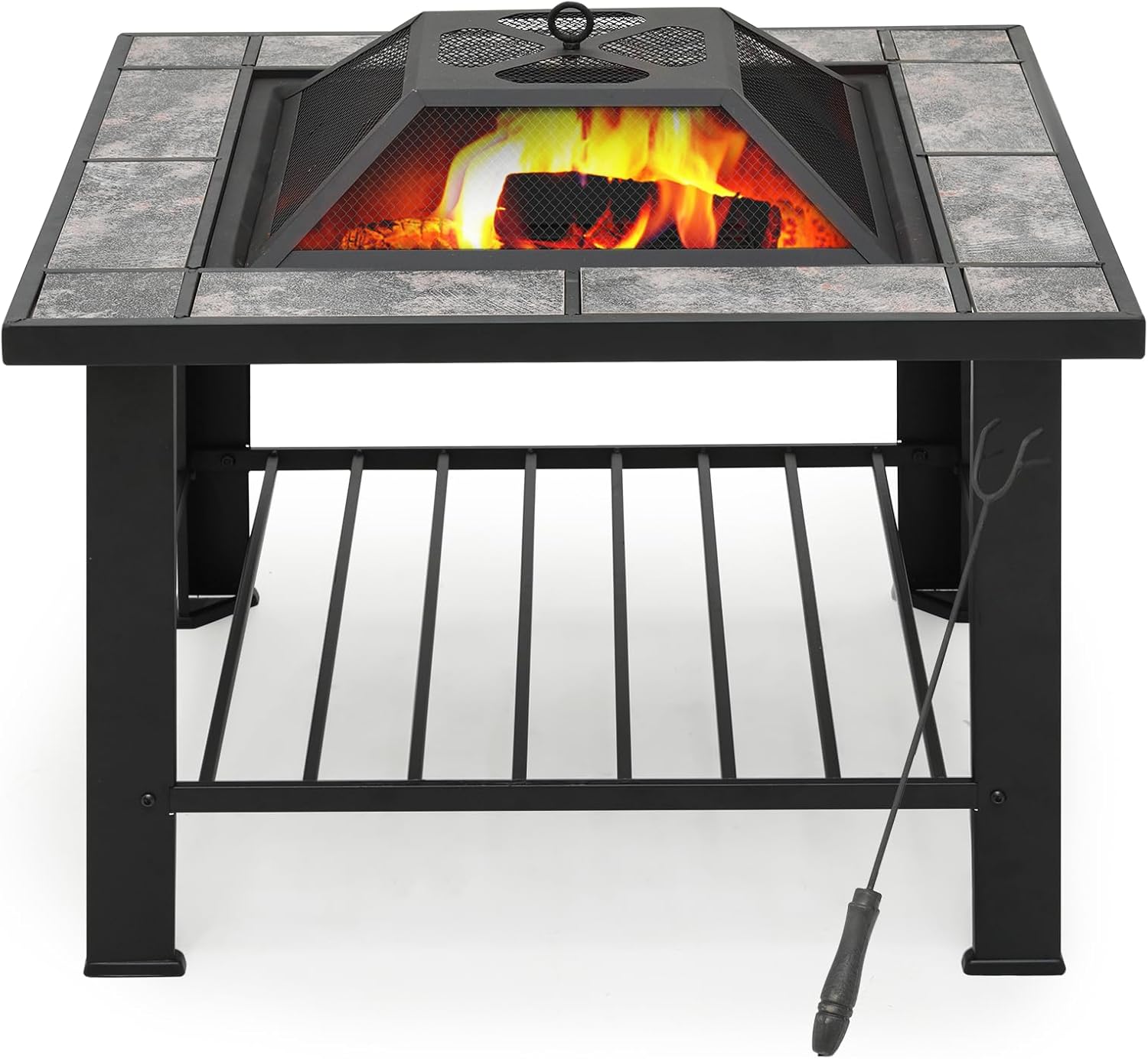 Athena Collection 30 in Patio Fire Pit Table, 3 in 1 Multiuse Square Iron Large Wood Burning Firepit Table Outdoor Fireplace with Spark Screen Log Grate Poker for Outside Heating Camping BBQ Bonfire