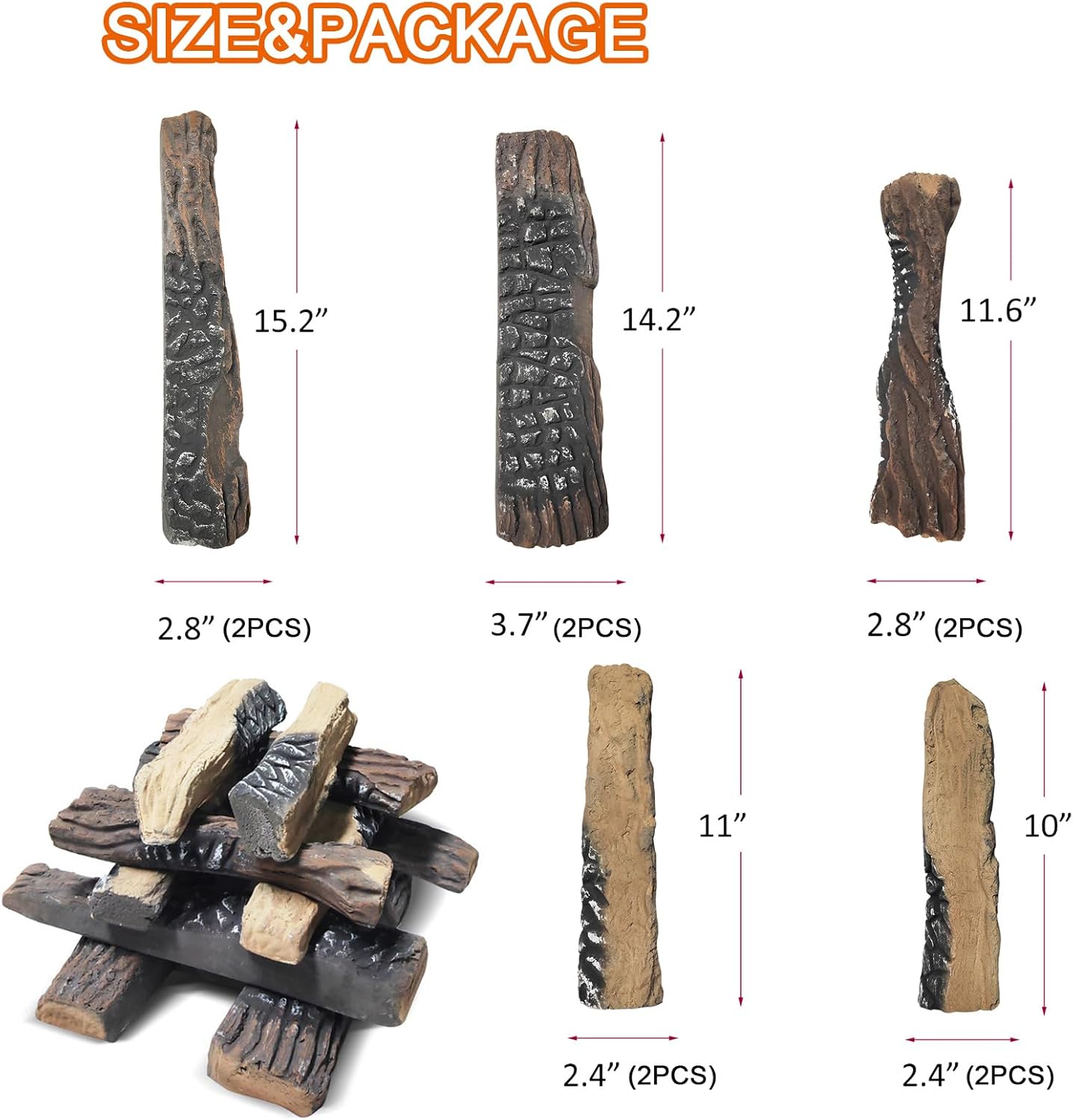 Skypatio 10-Piece Gas Fireplace Logs Set, Heat Resistant Realistic Ceramic Wood Logs for Indoor or Outdoor Fireplace, Fire Pit Decor, Lightweight & Portable