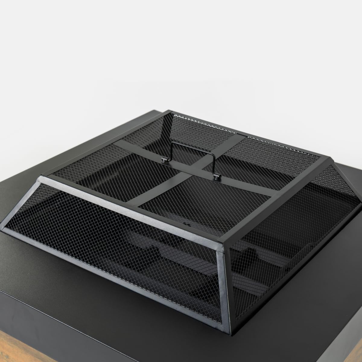 36 Inch Large Round Iron Wood-Burning Fire Pit Table, Black Steel Outdoor Fireplace with Geometric Cut-Out Design, 19.7