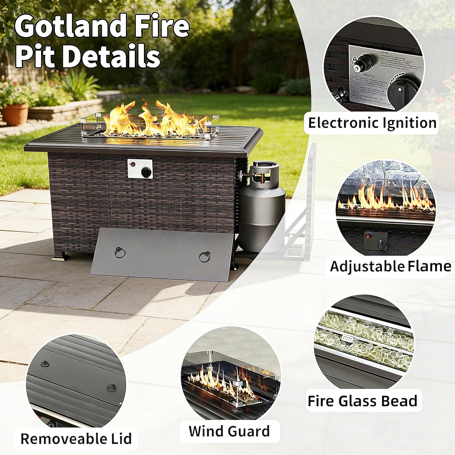 Gotland 10 Pieces Patio Furniture Set with Fire Pit Table, All Weather Rattan Outdoor Furniture with 29.5'' High Backrest 4’’ Thick Cushions Coffee Table, Outdoor Sofa for Deck, Garden, Backyard, Gray