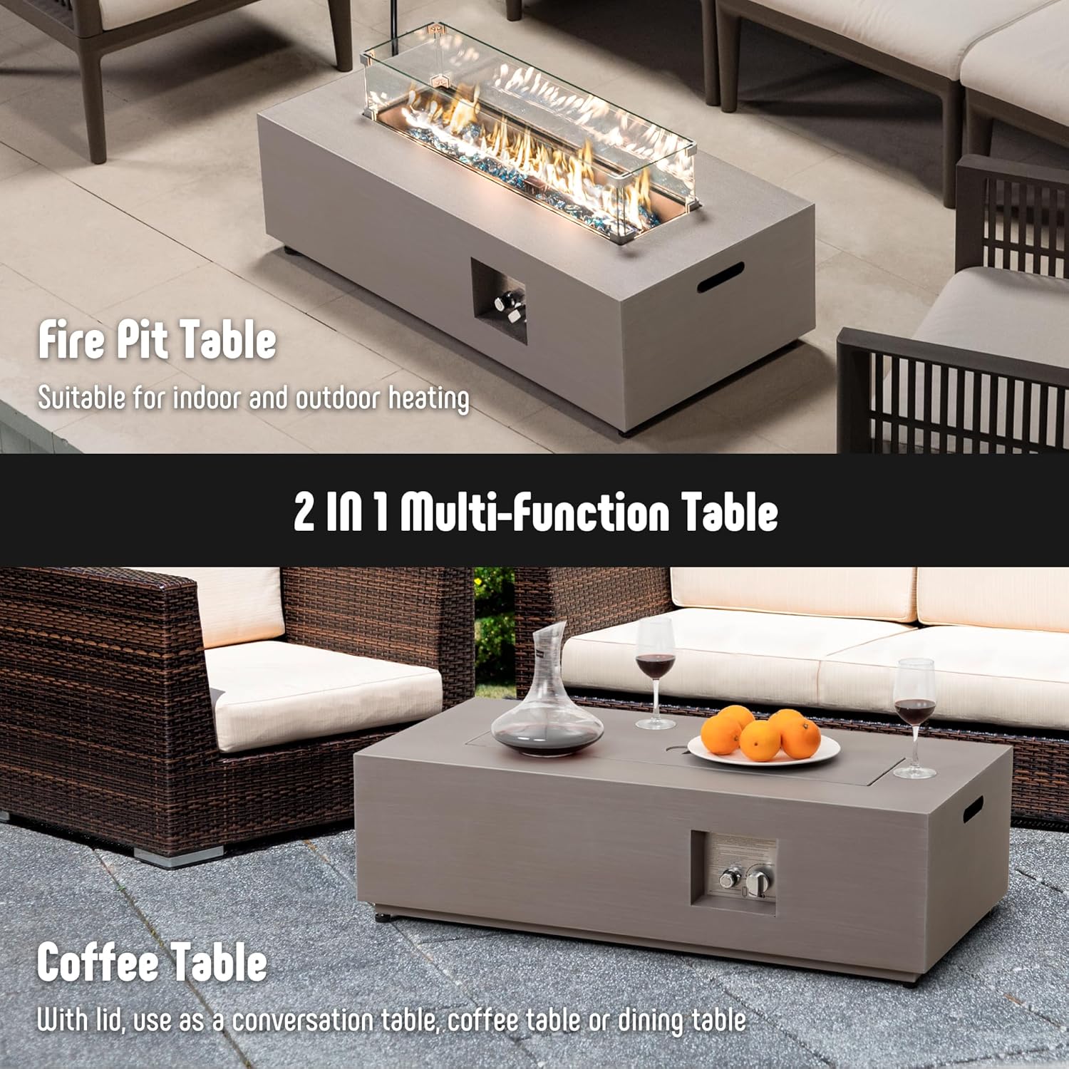 42’’ Propane Fire Pit Table Set with Tank Holder, CSA Certifed 50,000 BTU Outdoor Firepit Table, Wind Guard & Glass Stones, Smoke-Free Rectangular Fire Table for Garden Porch Backyard - Extra Cover