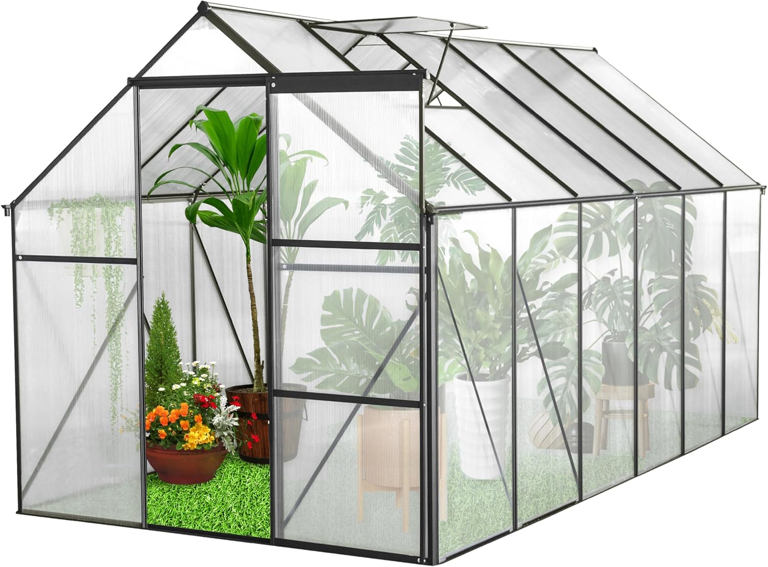 6x12 ft Patio Greenhouses for Outdoors Waterproof, Heavy Duty Polycarbonate Greenhouse, Walk in Greenhouse for Patio Garden Backyard Lawn with Sliding Doors & Vent Window Aluminum Frame,Black
