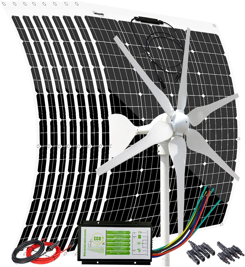 1360W Solar Wind Power Kit for Mobile Home: 400W 24V Wind Turbine Generator +960W Flexible Mono Solar Panels + Solar Wind Hybrid Controller + Cable Connector