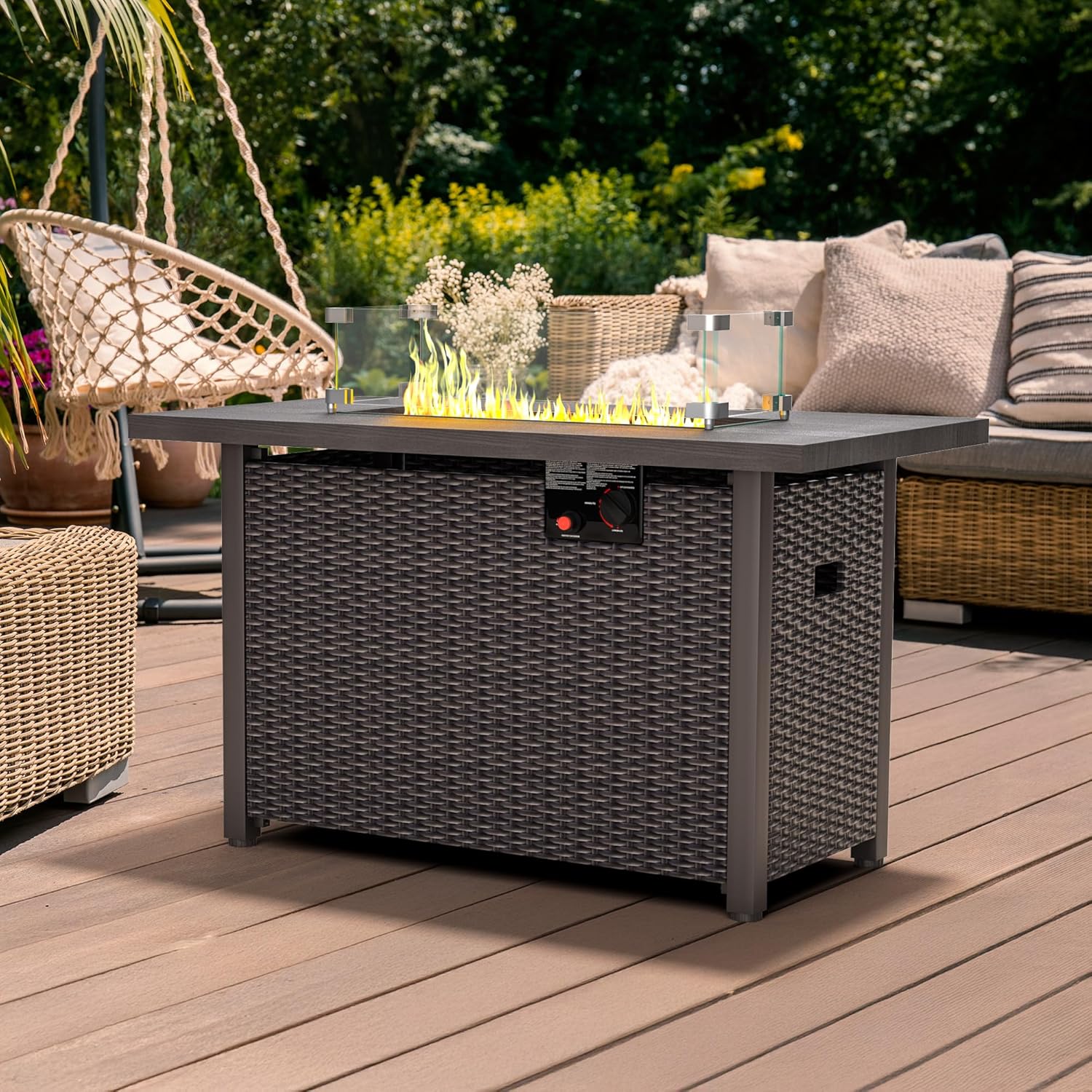 GOJOOASIS Outdoor Fire Pit Table 42 Inch Patio Propane Fire Pit Wicker Rattan 50,000 BTU Auto-Ignition Gas Pit for Outside Black Without Glass Wind Guard