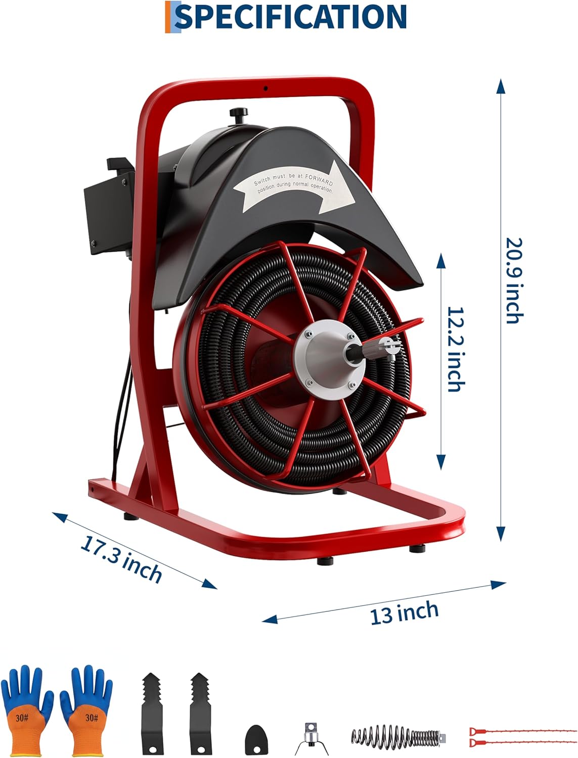 Drain Cleaner Machine 75FT x 1/2 Inch Steel Core Cable Portable 370W Electric Drain Cleaning Machine With Sewer Auger, Cutter, Air-activated Foot Switch, for Commercial, Home