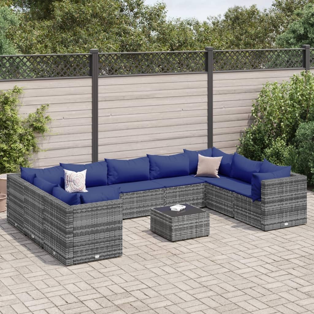 10 Piece Patio Lounge Set with Cushions Gray Poly Rattan,Elegant Patio Furniture Set: Durable Rattan and Adjustable Convenience for Relaxing Outdoors Patio Furniture Sets, Outdoor Furniture Sets