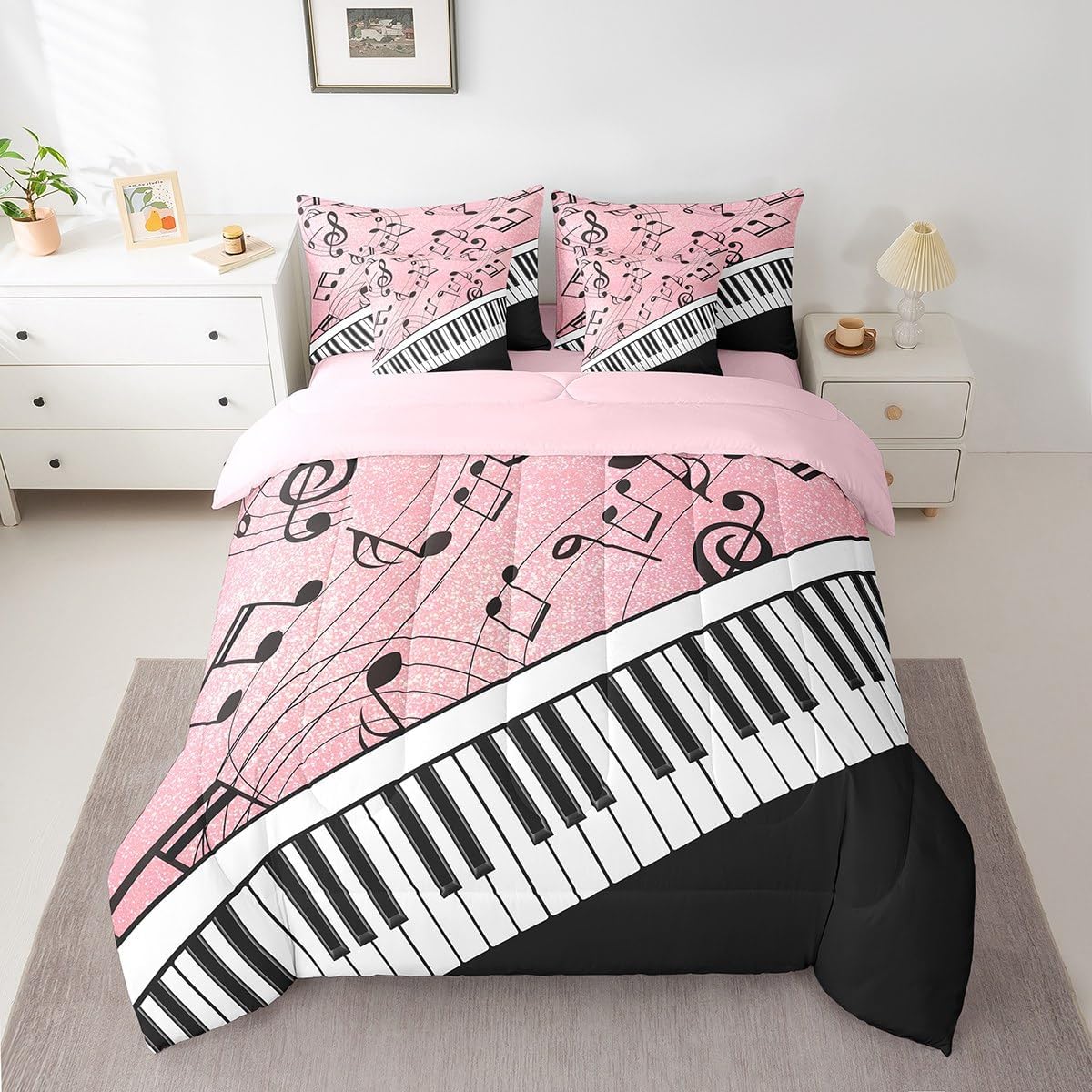 Manfei 7 Pieces Musical Notes Comforter Set Queen Size, Black White Piano Key Bedding Set, Music Theme Pink Glitter Print Bed in Bag with Comforter, Sheets and Pillowcases, Kids Girls Room Decor
