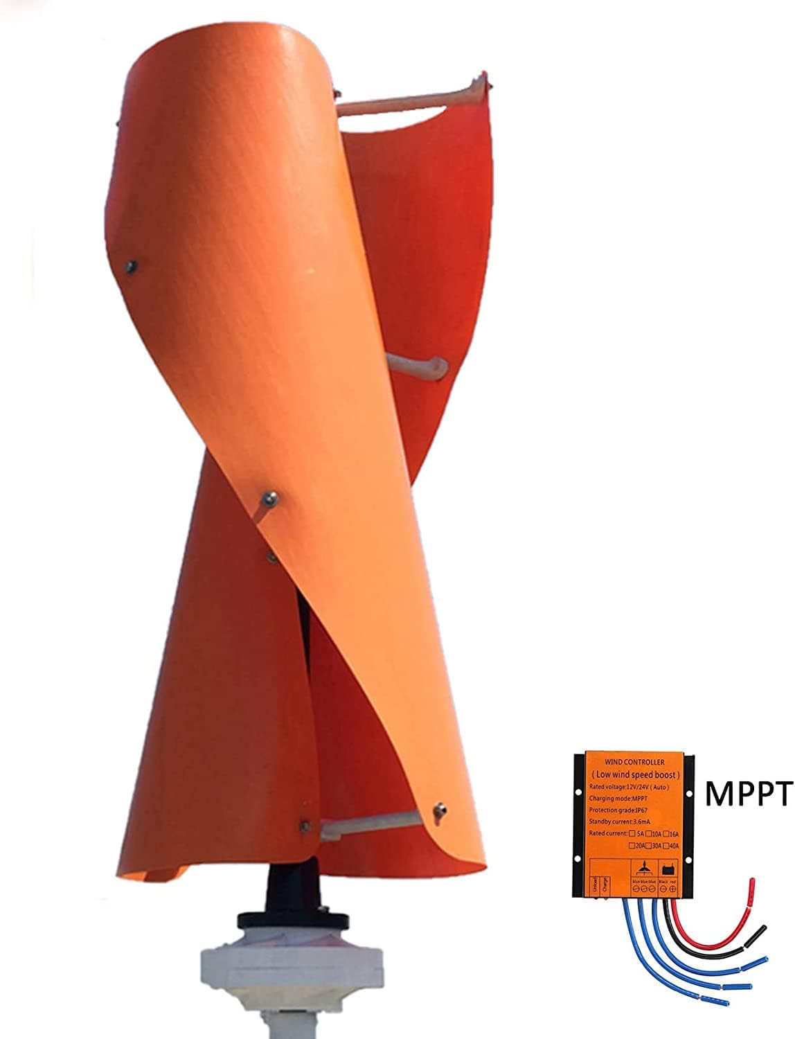 Portable No Noise Vertical Wind Turbine Generator, 5000W 12V 24V 48V 220V Low Wind Speed Start Spiral Wind Turbine with Controller (Orange)