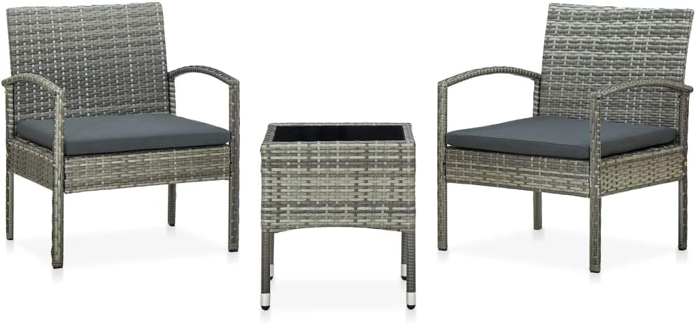 Outdoor Table and Chairs Set of 3, Gray Synthetic Poly Rattan Patio Furniture, Compact Balcony Dining Set with Cushions for Garden, Terrace