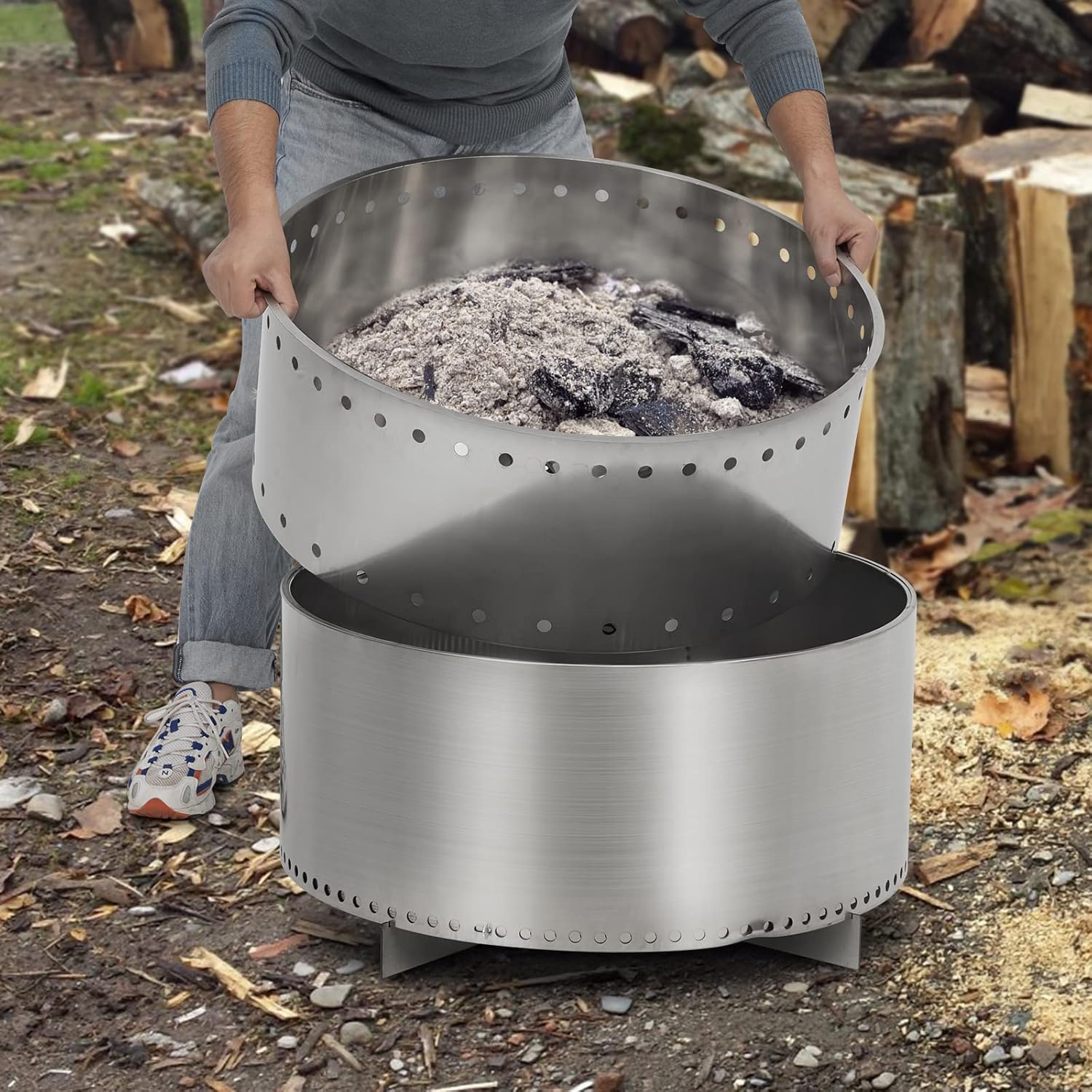 Outdoor Fire Pit Smokeless with Air Switch, Portable Stainless Steel Firepit for Camping Backyard Patio Bonfire - 360° Wide Warmth, Removable Ash Pan, Wood Burning Stove - Silver