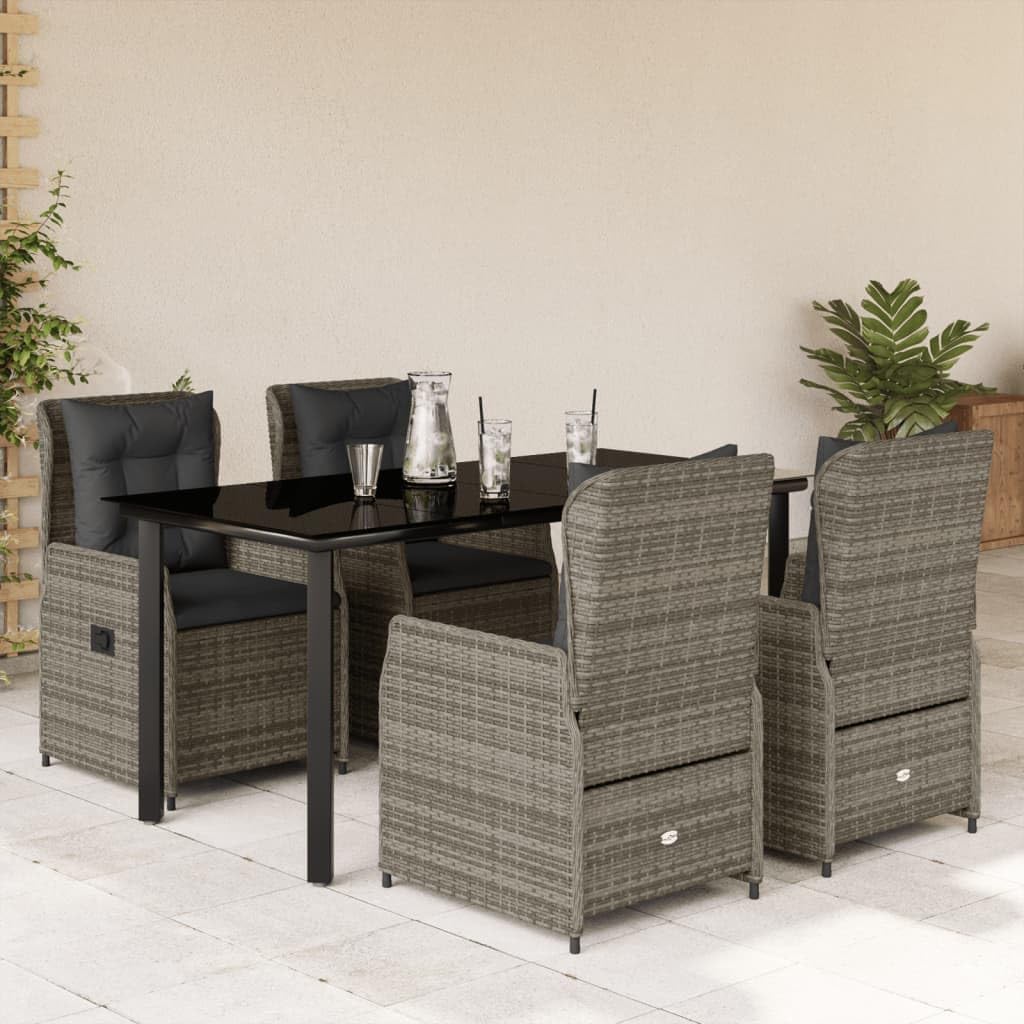 5 Piece Outdoor Dining Set, Grey Poly Rattan Patio Furniture Set, Rectangular Garden Table & 4 Chairs, UV-Resistant, Washable Cushions for Backyard, Balcony