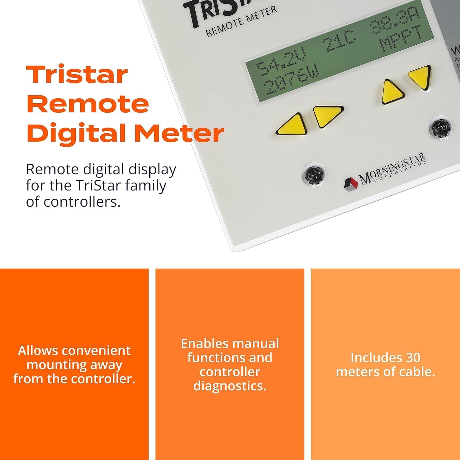 Morningstar Tristar Remote Meter-2 (TS-RM-2) - Connects via 30m Cable to Tristar PWM/MPPT Solar Controllers to Display System Info, Logged Data, Graphs, Alarms & Faults Troubleshooting - 5 Languages