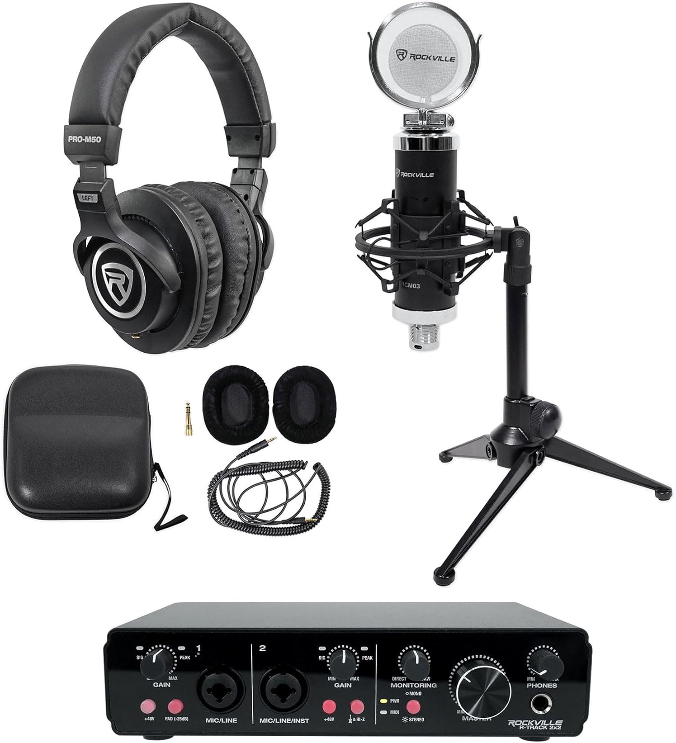 Rockville R-TRACK 2x2 Bundle: USB Recording Interface 24 Bit 192kHz 2 Mic Pres, RCM03 Condenser Microphone w/Shock Mount, PRO-M50 Studio Headphones, RDTS Desktop Tripod Stand, 4-Items