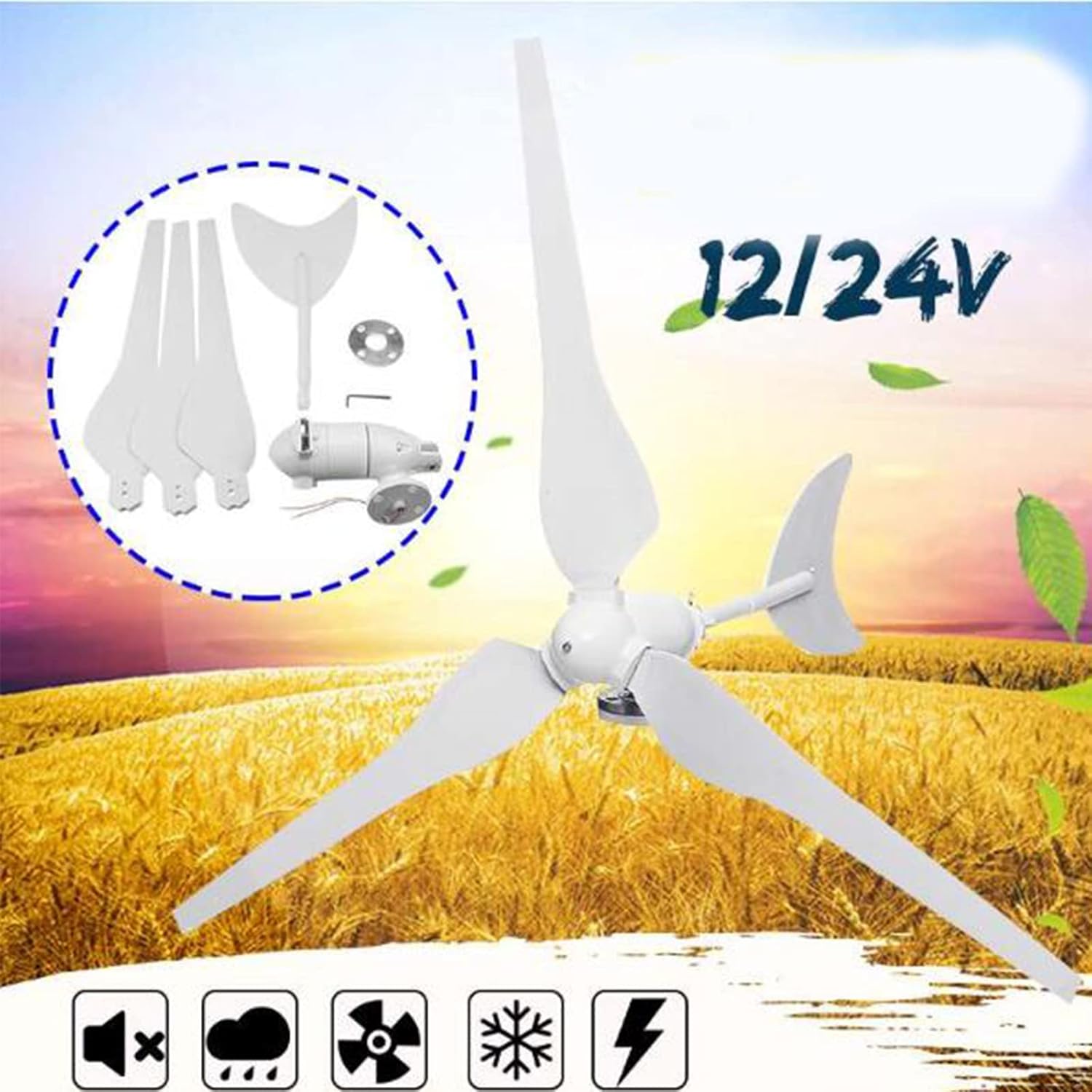 10000W No Noise Horizontal Axis Wind Turbine Generator, 12V-220V Automatic Wind Adjustment, Applicable to The Need for Power Supply Places(White)
